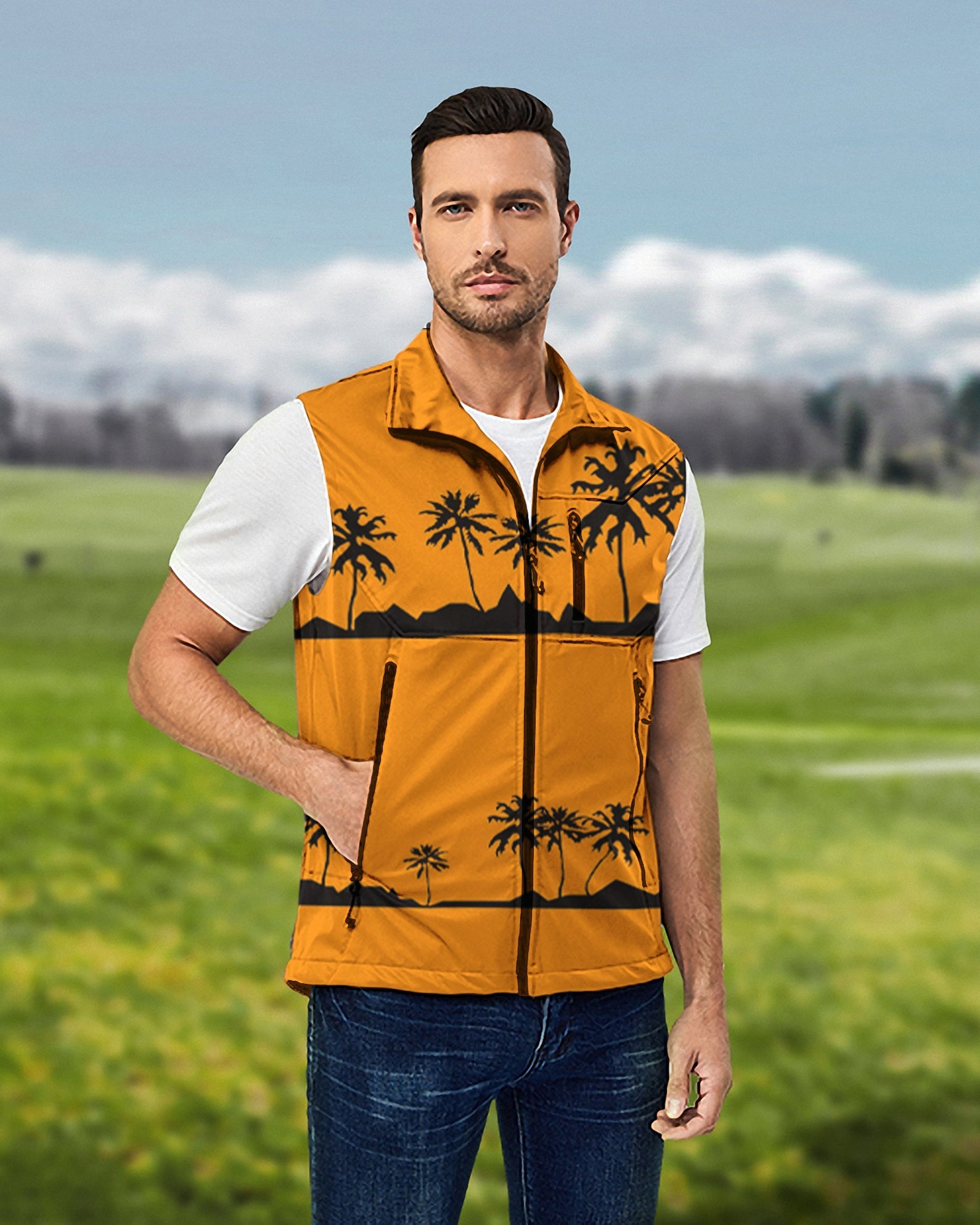 Men's Setting sun and coconut trees softshell vest sleeveless jacket for golf, windproof and waterproof