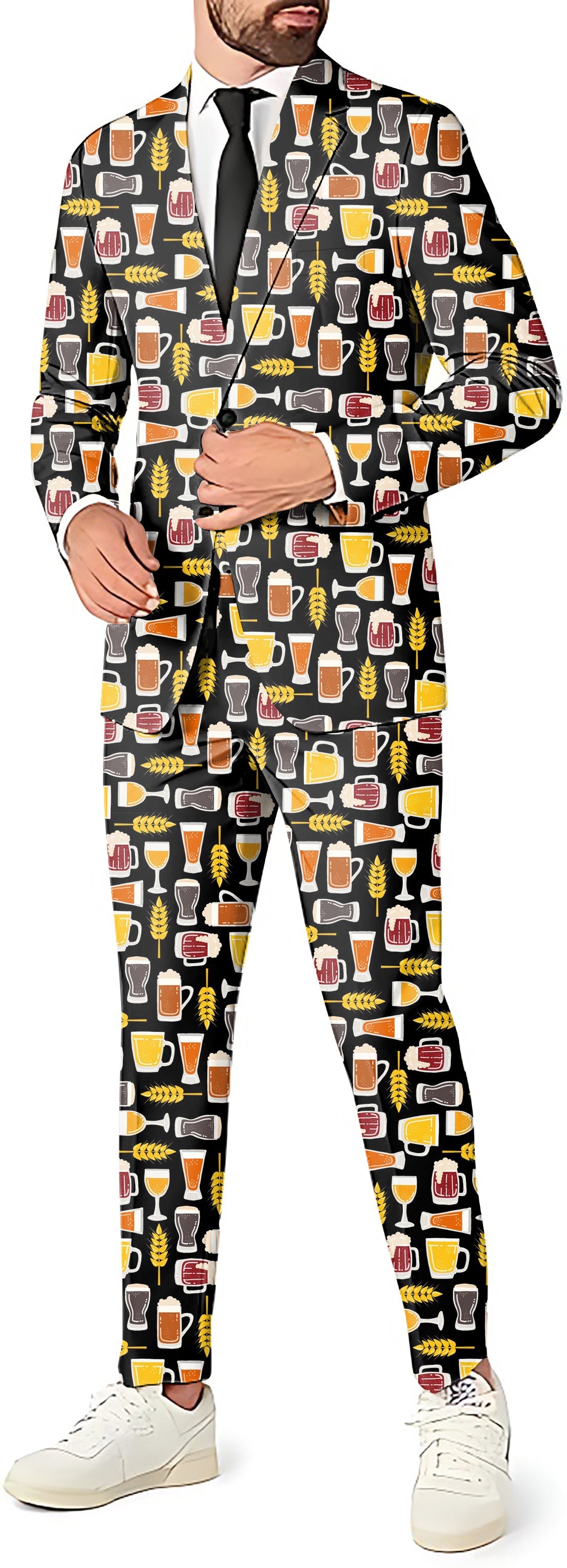 Fall Brewskis Men's party costume suit with beer print blazer, pants, and vest set