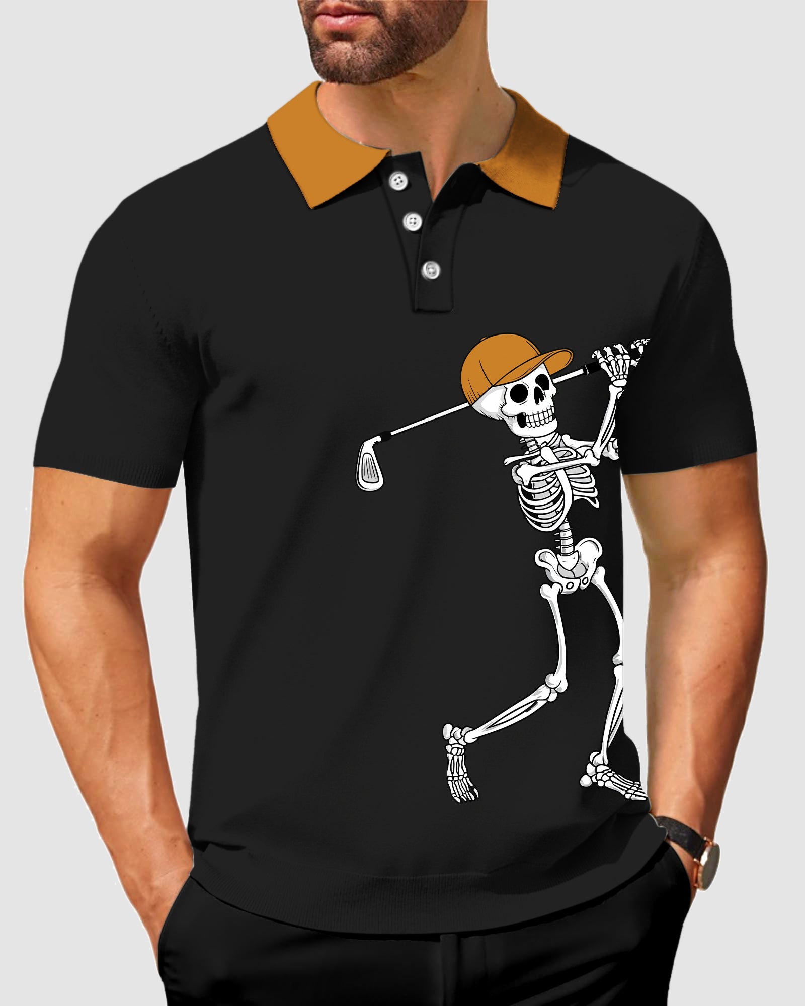 Men's black Halloween golf polo with pumpkin collar and skeleton golfer design