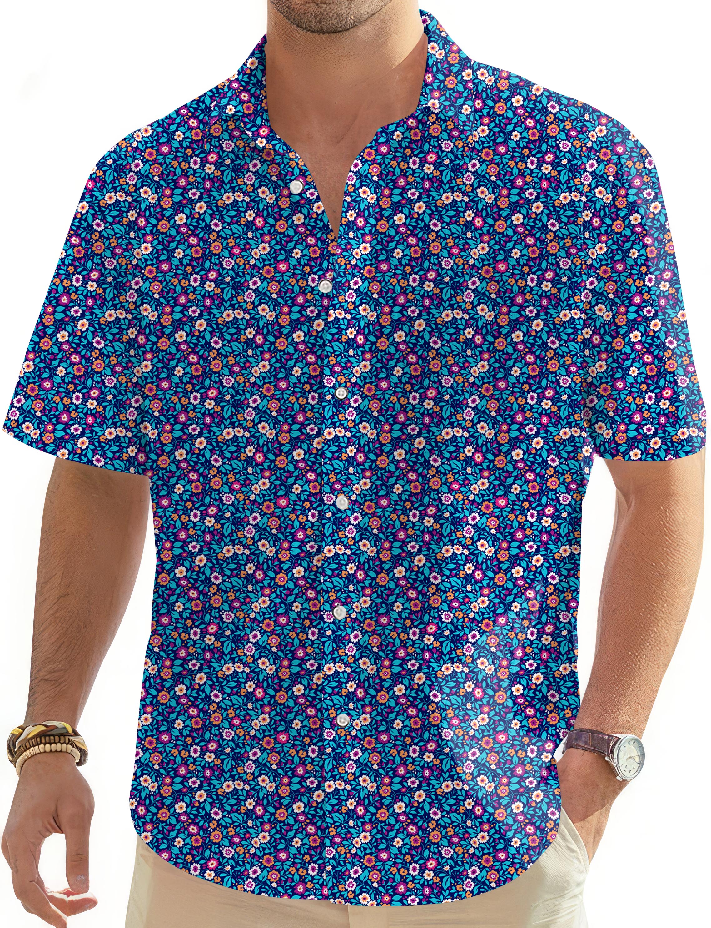 Dark floral men's golf shirt with button-down collar and short sleeves