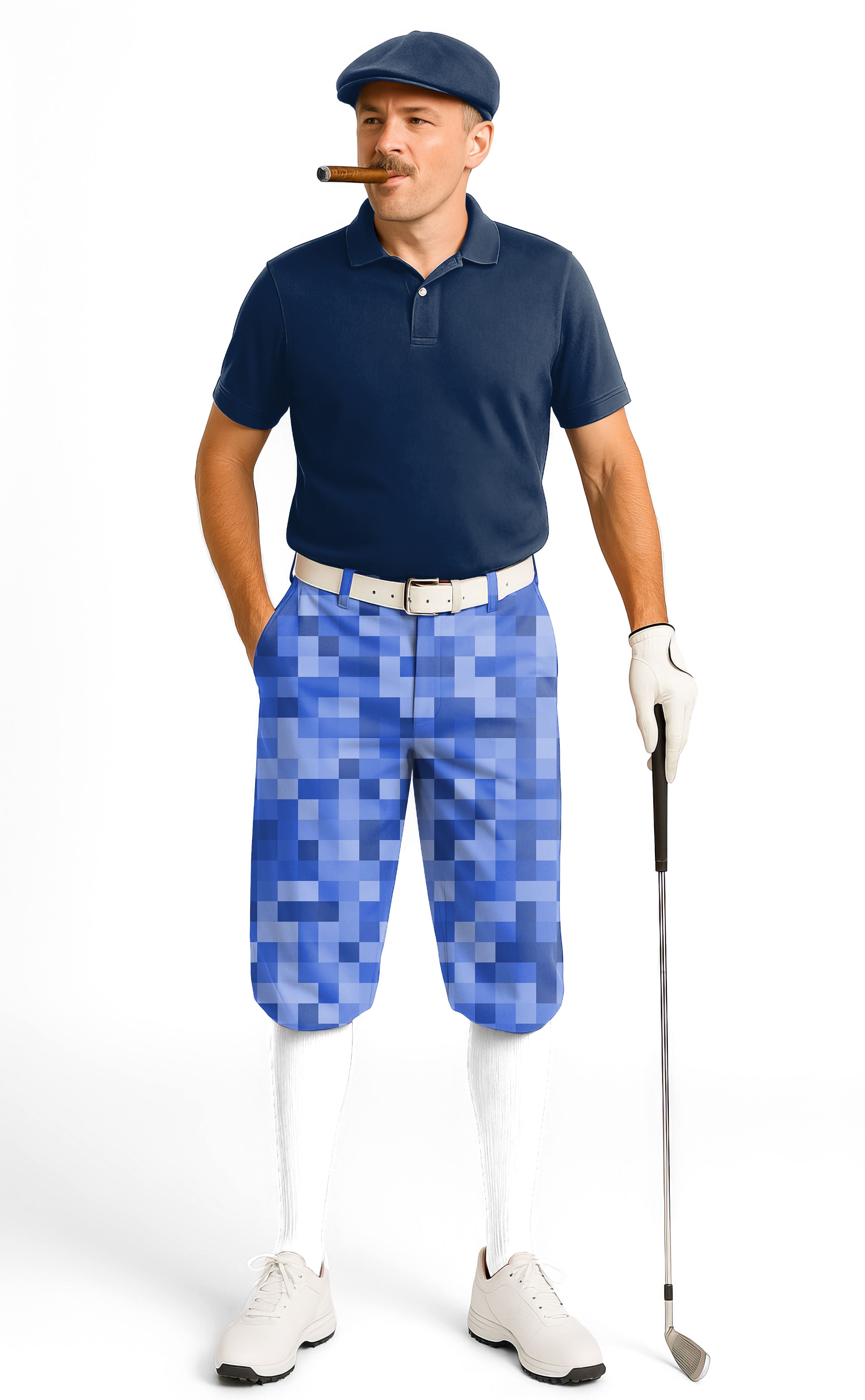 Navy blue pixel pattern big men's golf knickers with snug ankle cuffs and breathable fabric.