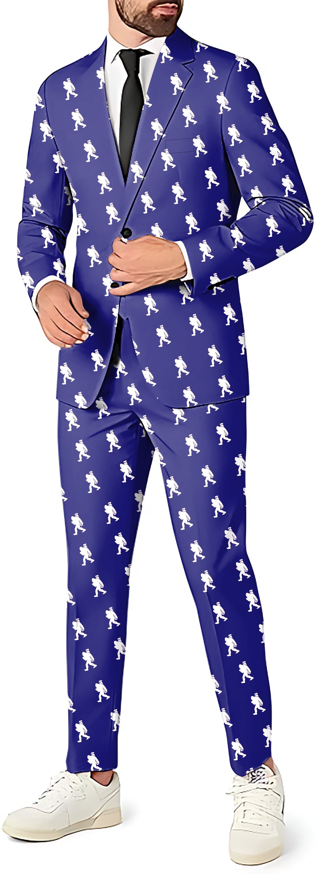 Men's Bigfoot themed blazer, vest, and pants party costume in blue with white Bigfoot prints.