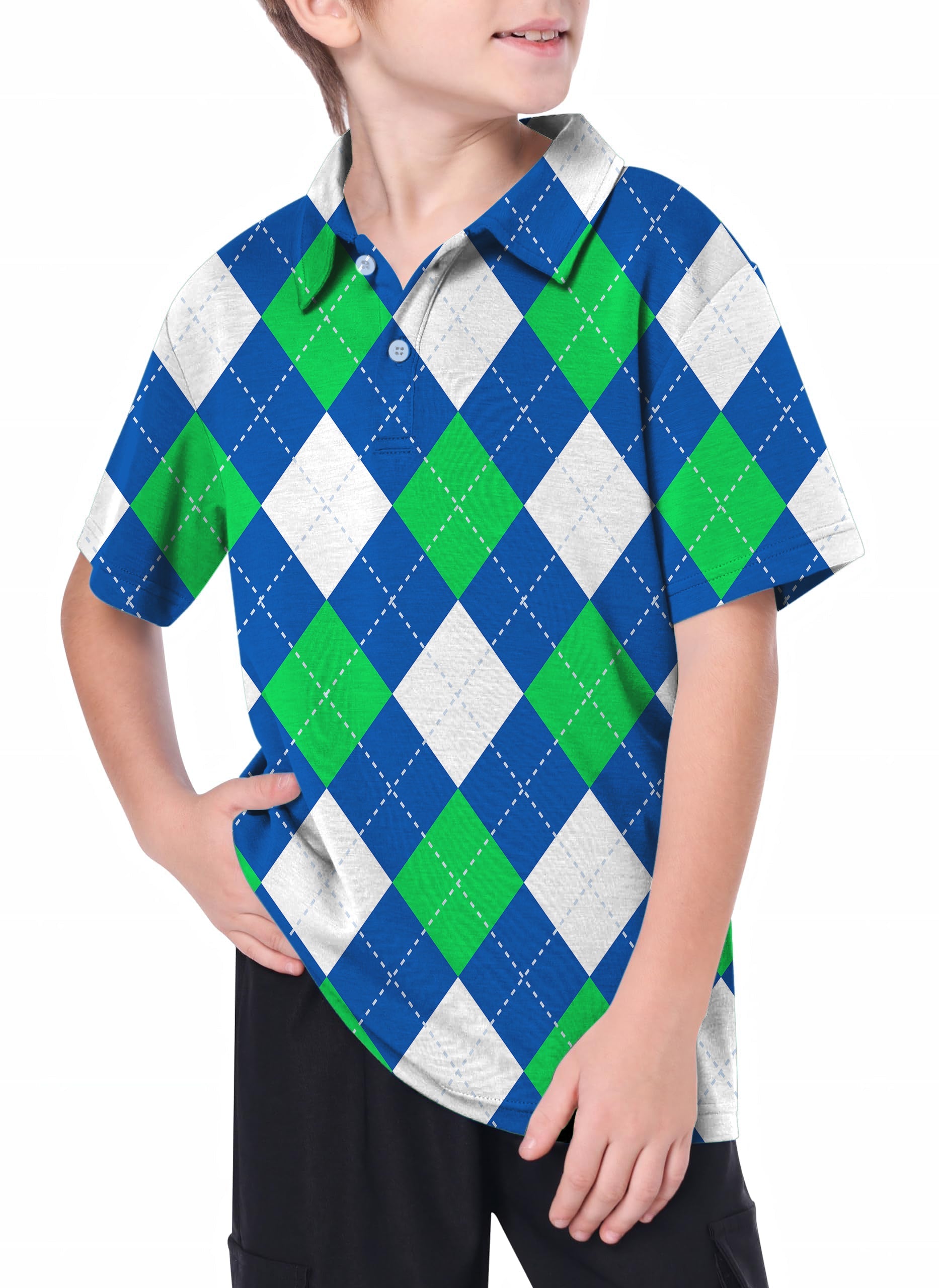 Youth women's outdoor green and blue argyle golf polo shirt with moisture-wicking and UPF 40+ protection