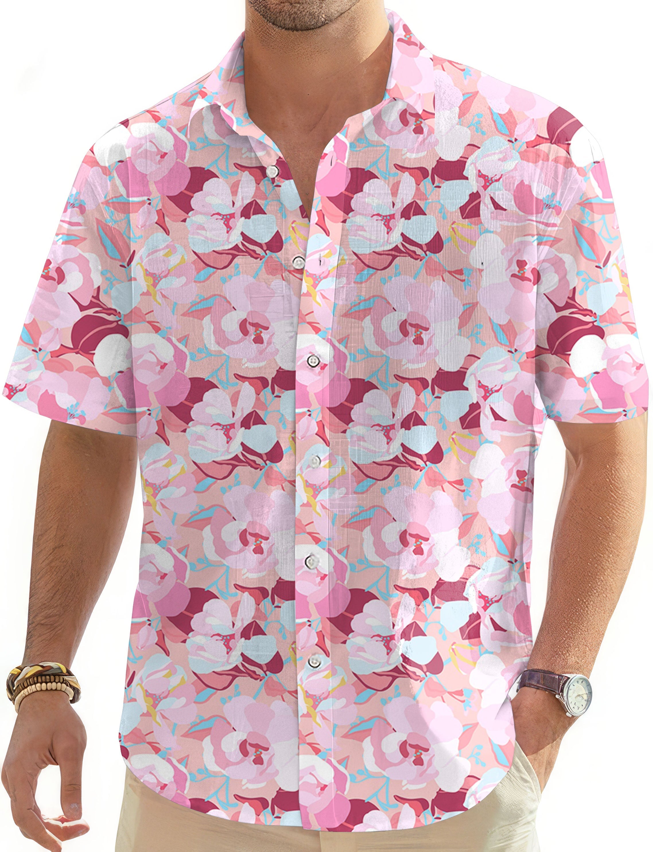 Men's Summer Camo Hawaiian button-down golf shirt with pink floral pattern and short sleeves