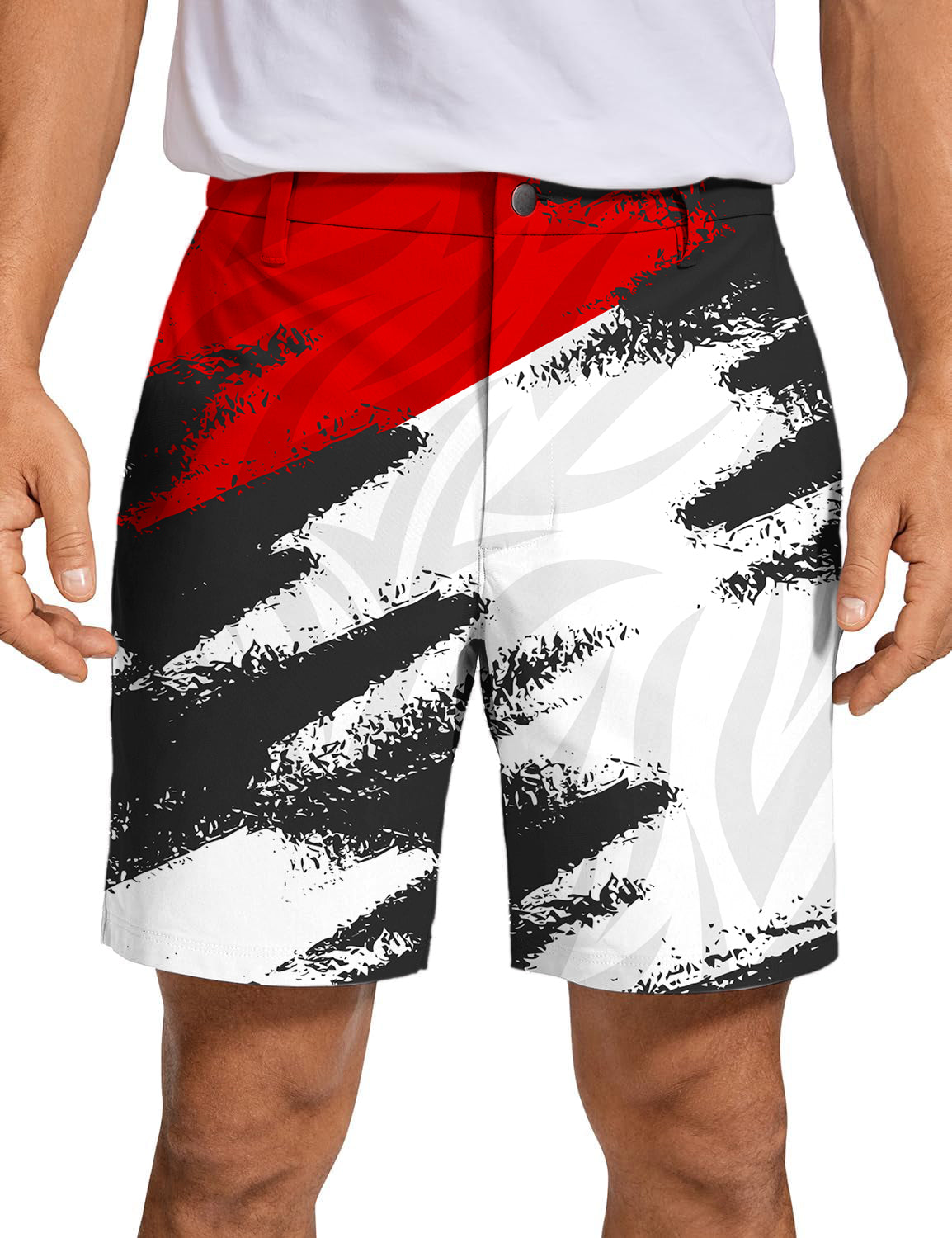 Men's red custom sport team competition golf shorts with advanced fabric and unique pattern design