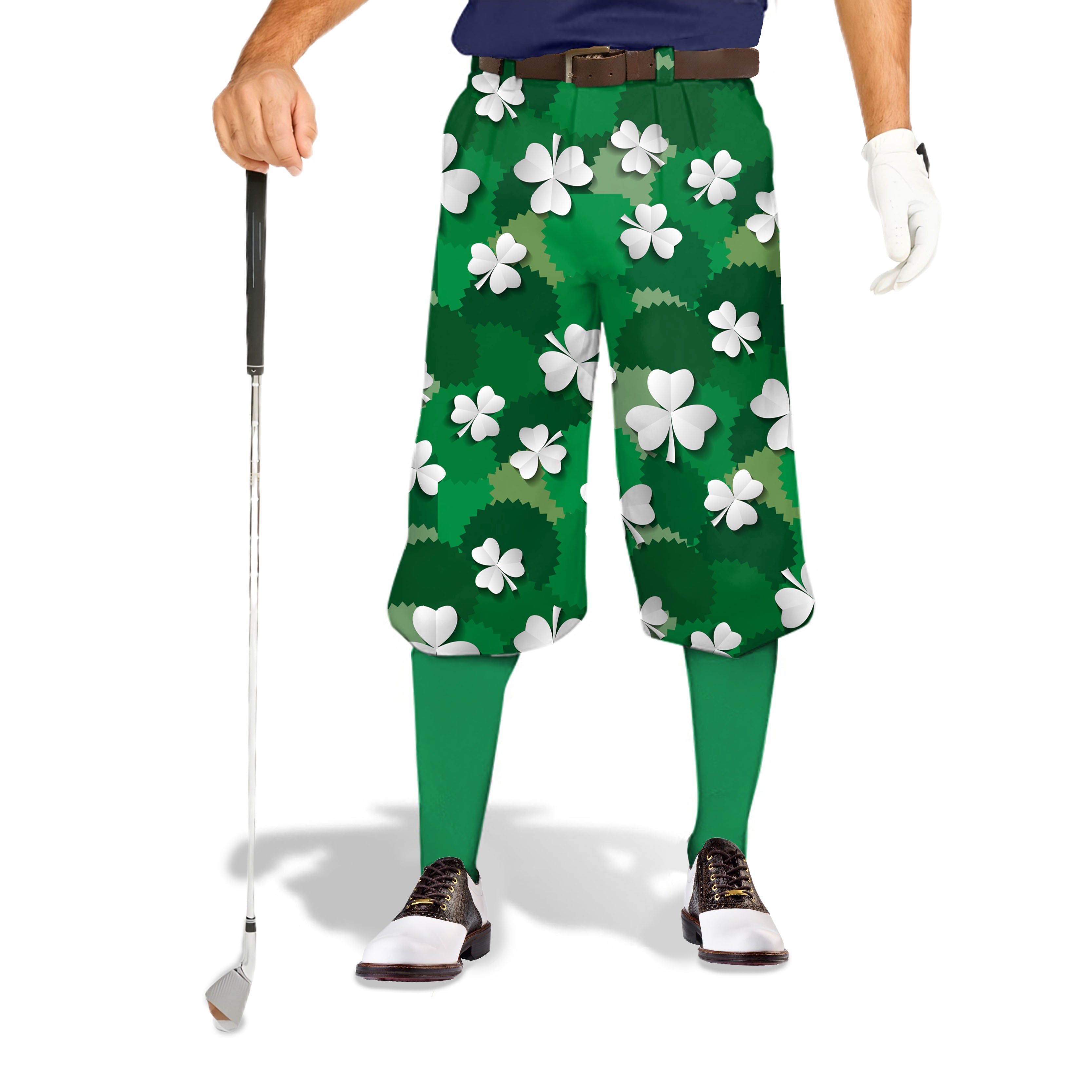 Men's golf knickers with leaf clover St. Patrick's Day design, green breathable fabric, wrinkle-resistant, adjustable fit
