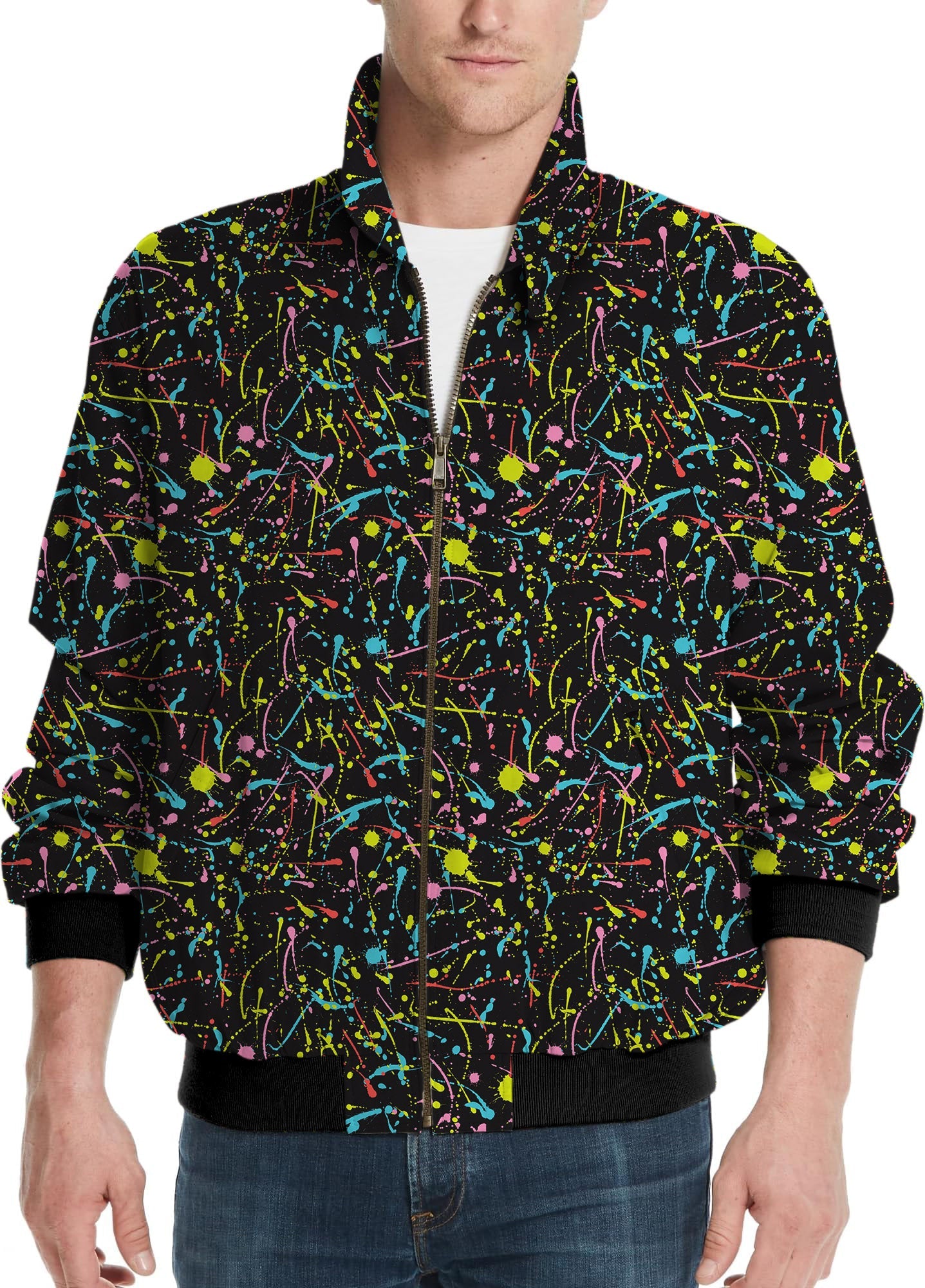 Men's golf windbreaker jacket with colorful paint splatter design, lightweight and wind resistant.