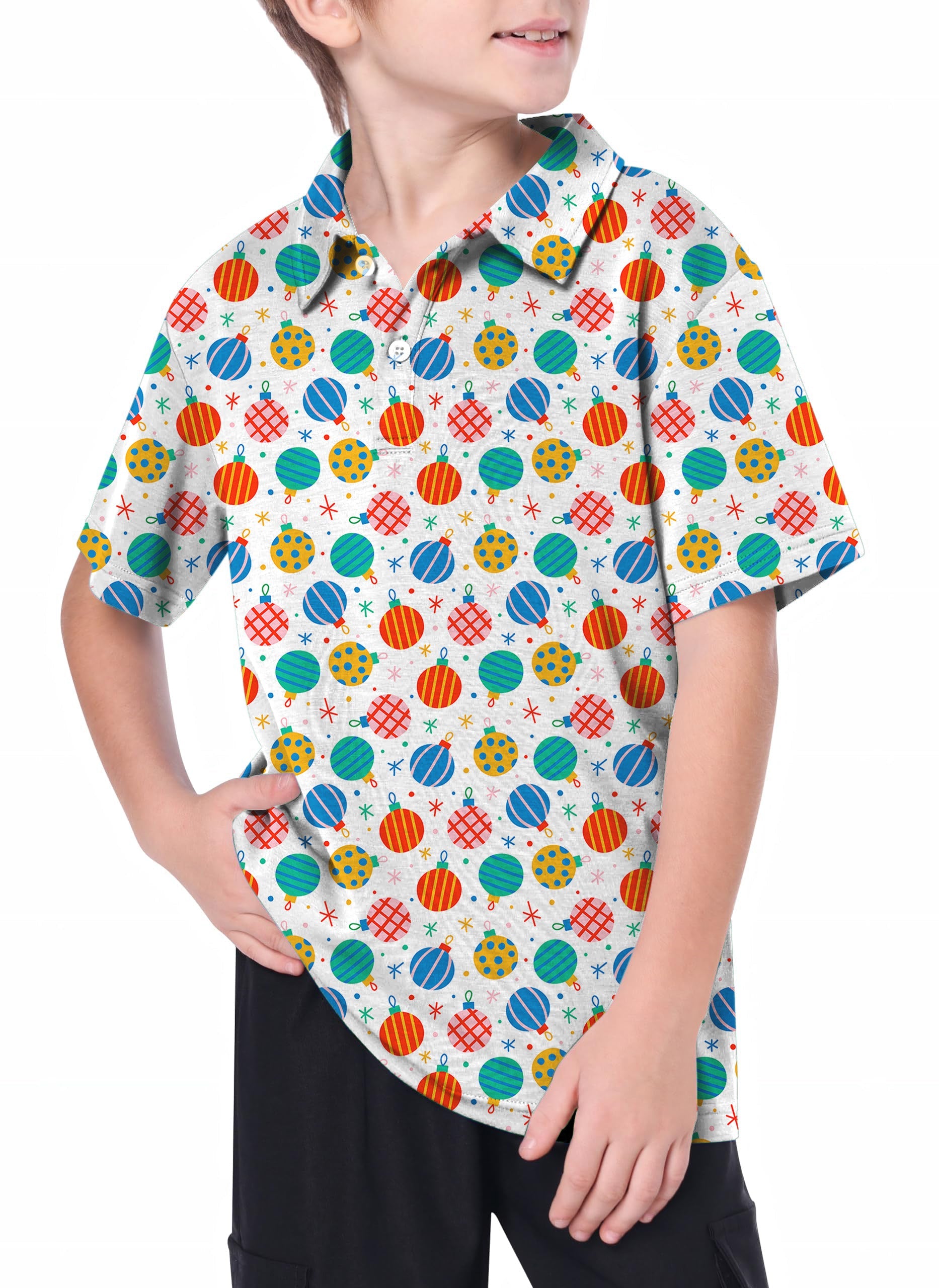 Youth Christmas Decoration Golf Polo with colorful ornament pattern, moisture-wicking and UPF 40+ protection