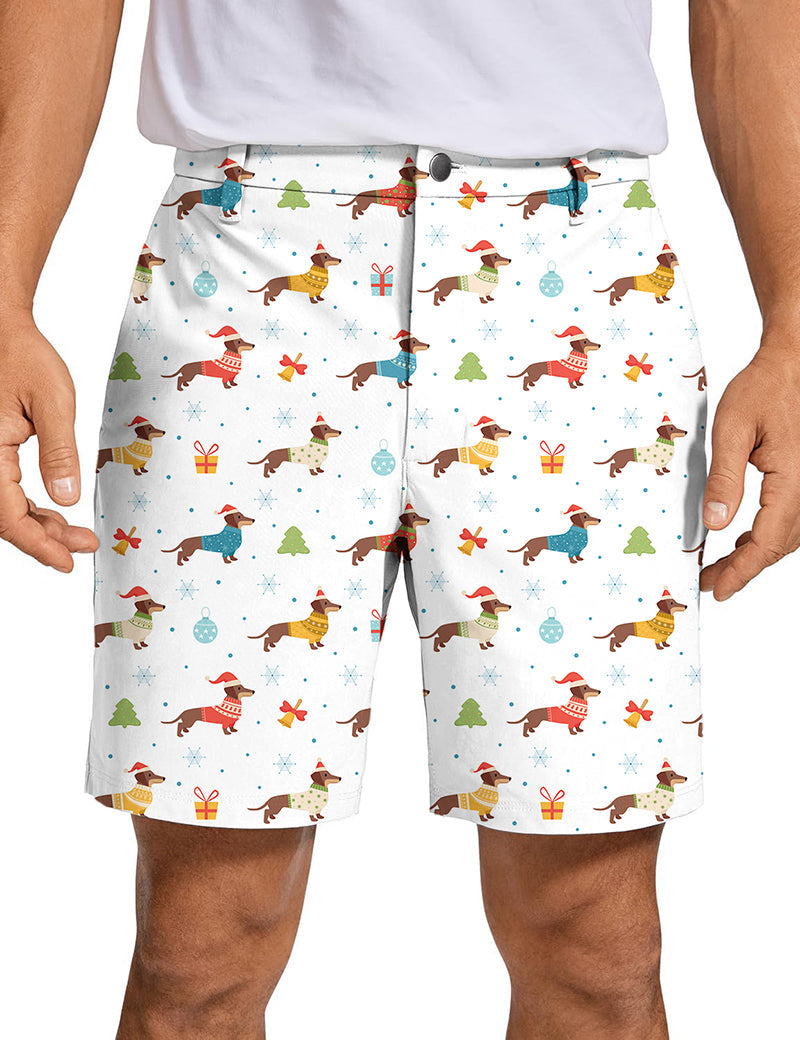 Men's Christmas Dachshund golf shorts with festive dog pattern on white background, breathable and lightweight fabric.