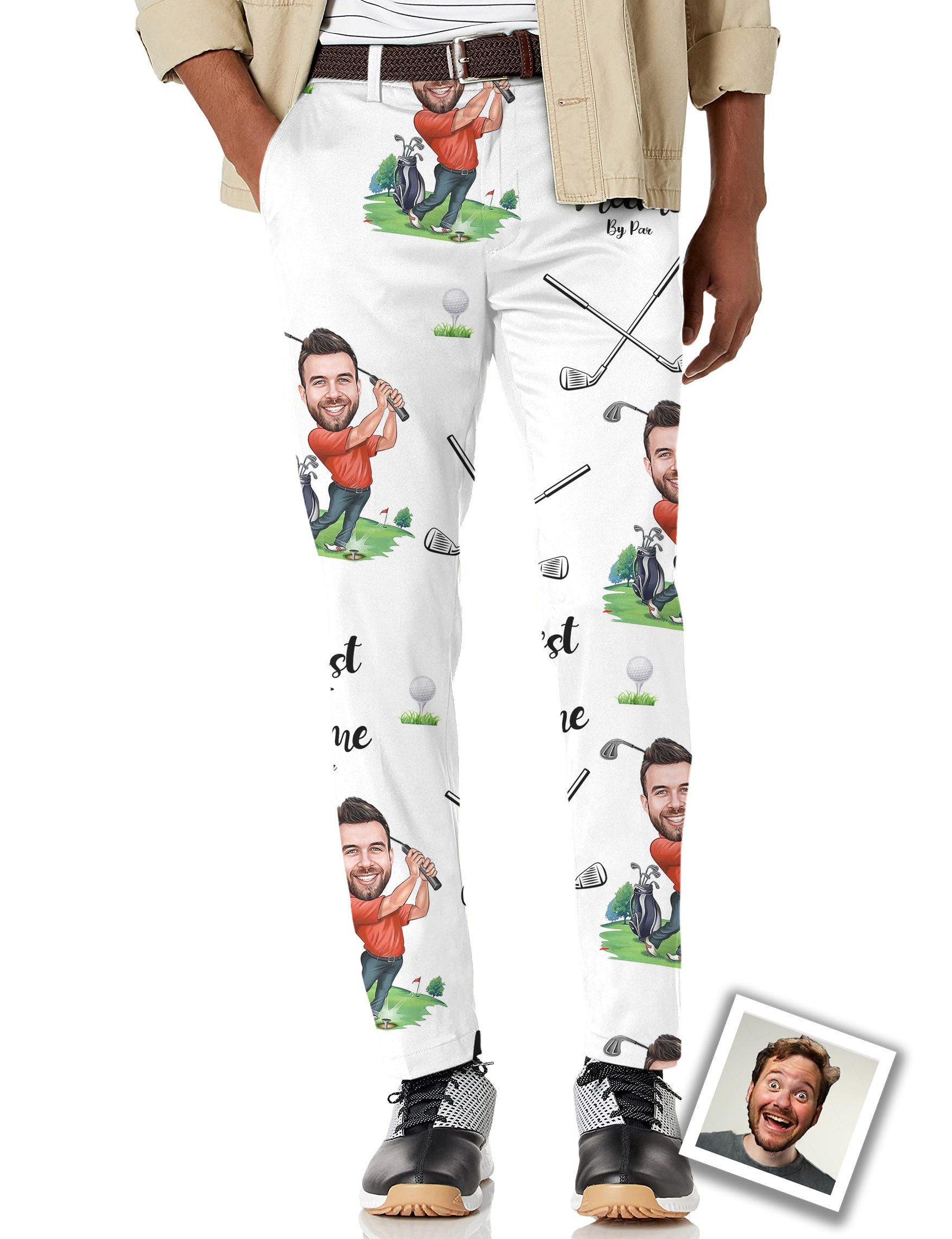 Men's custom photo face and name stretch golf pants with moisture-wicking fabric and classic pockets