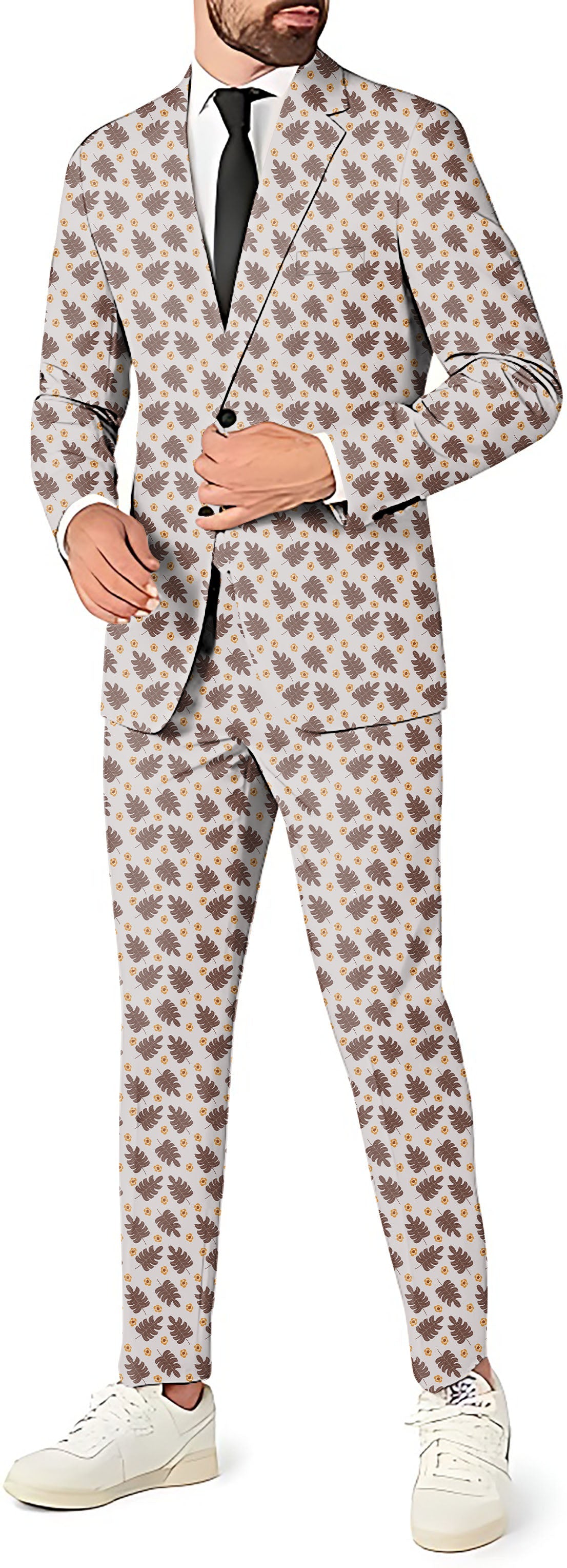 men's brown palm leaf blazer pants and vest party suit set with slim fit and button closure
