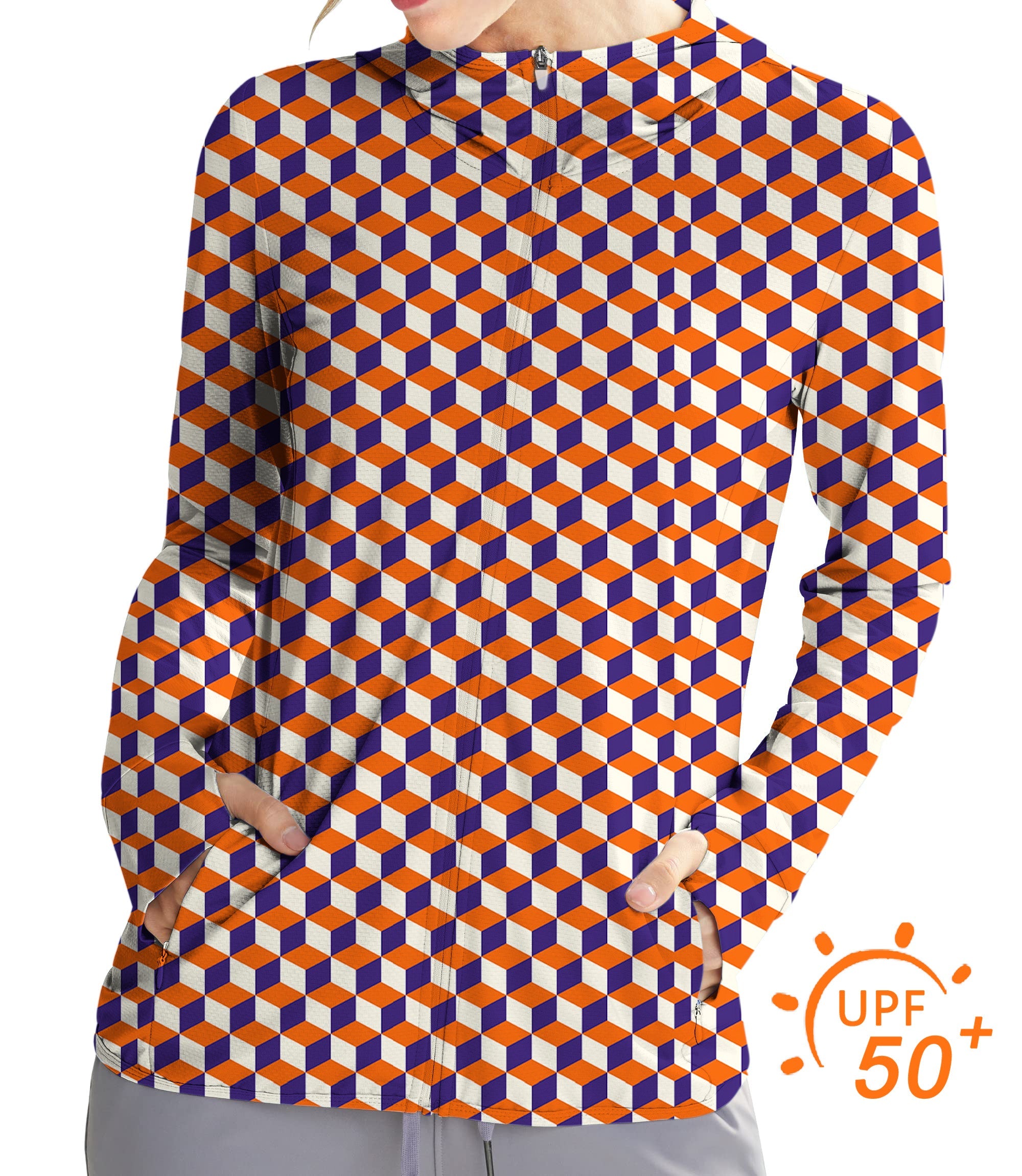 Women's outdoor golf zip hoodie with 3D orange square box pattern, UPF 50+ sun protection, slim fit, and moisture-wicking fabric