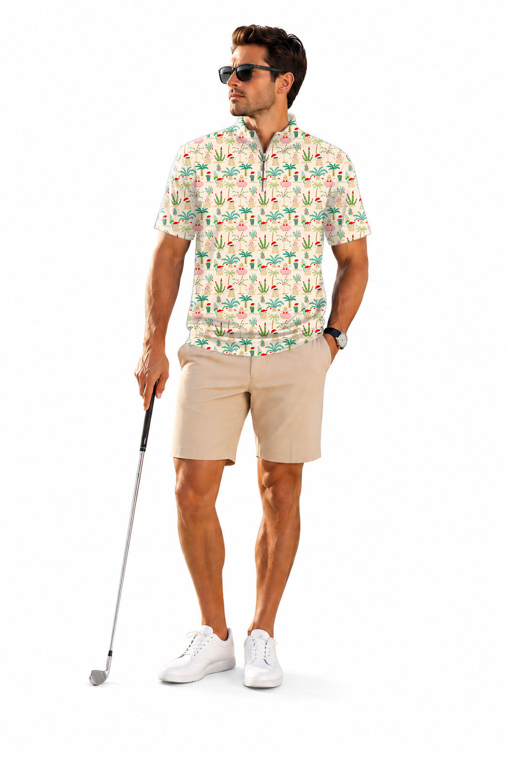 Men's Short Sleeve Quarter Zip Golf Pullover Christmas desert Embroidery
