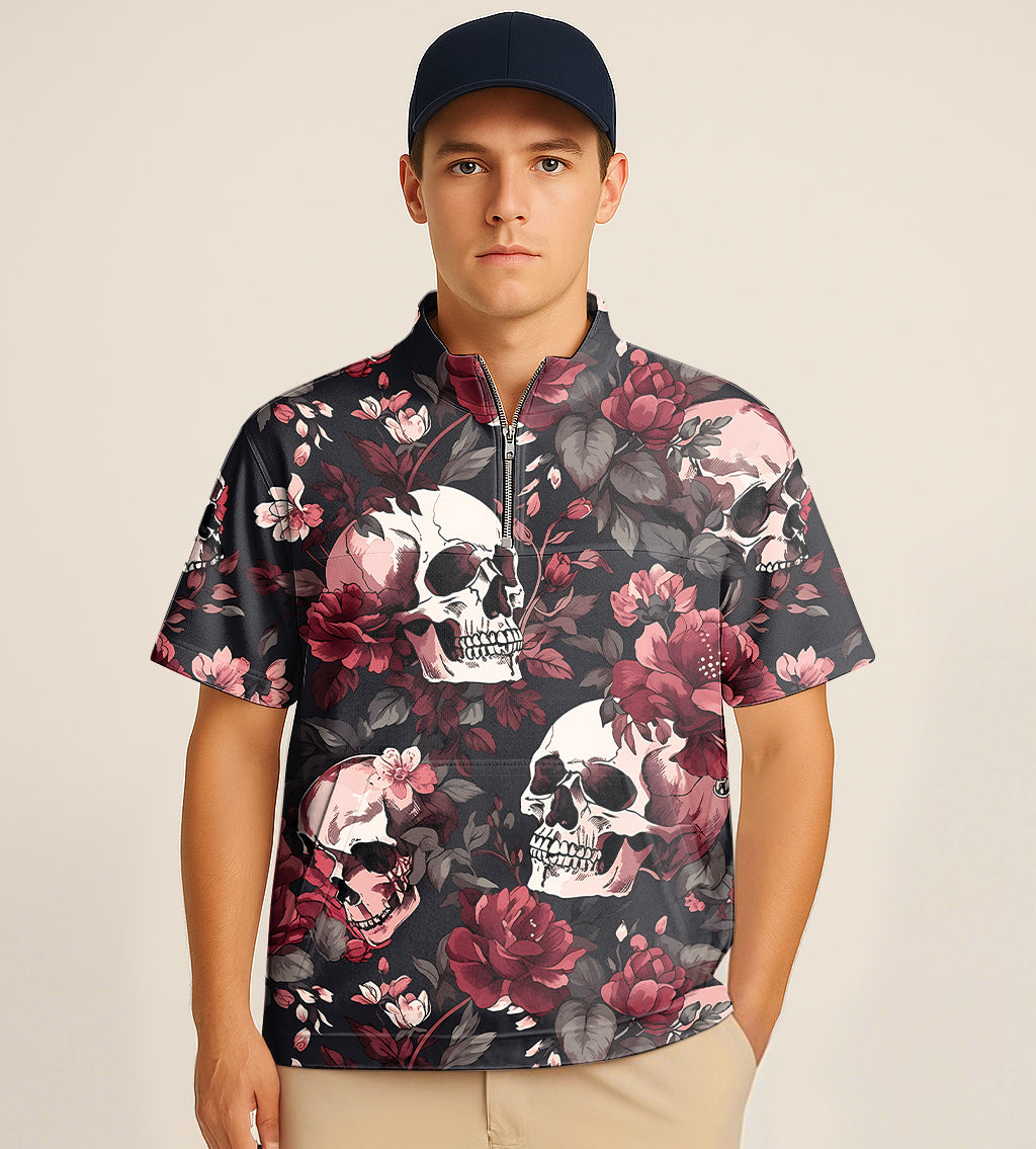 Half zipper turtleneck golf shirt with Halloween floral skull embroidery