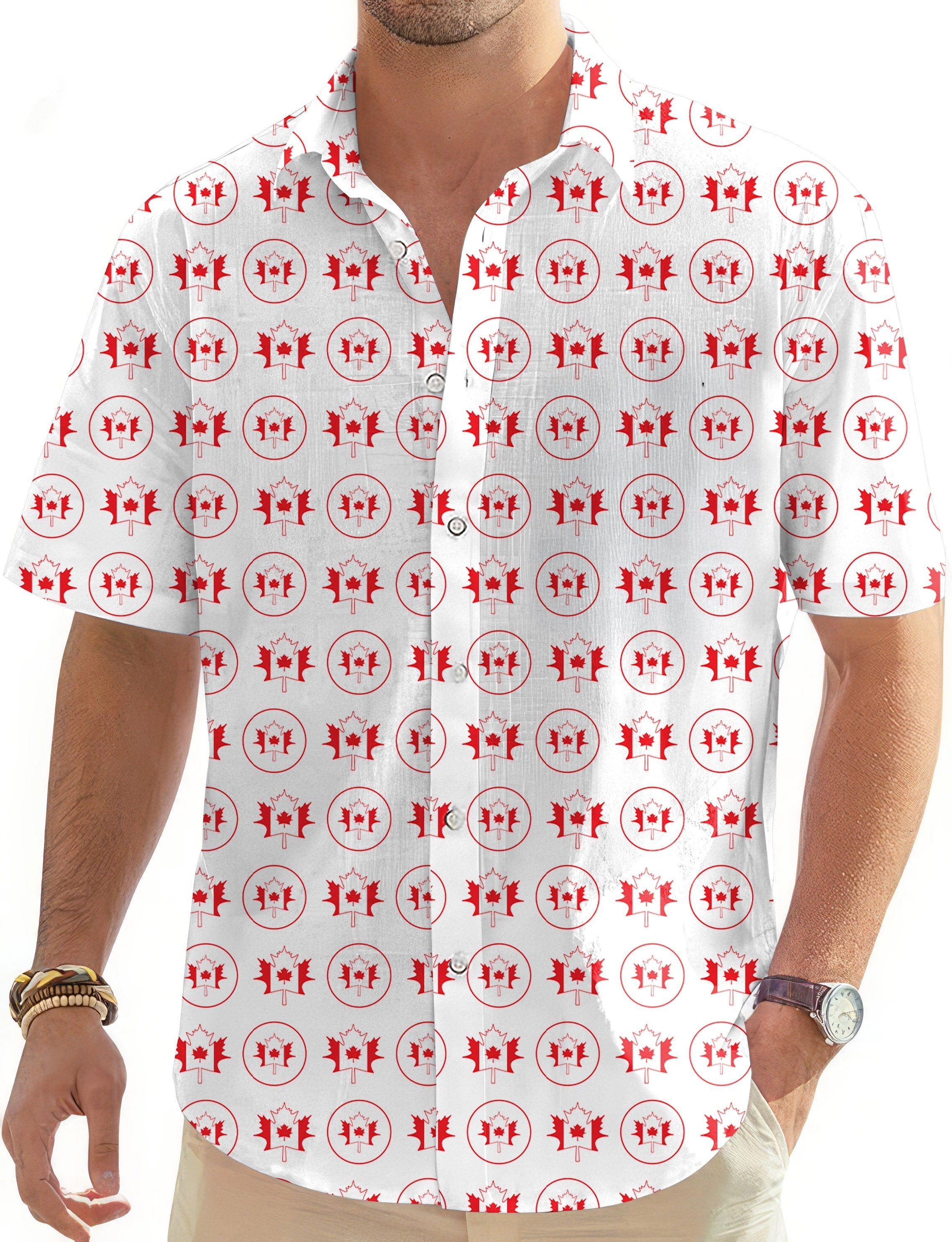 Men's Circle Canada Maple Leaves Hawaiian golf shirt button-down with short sleeves