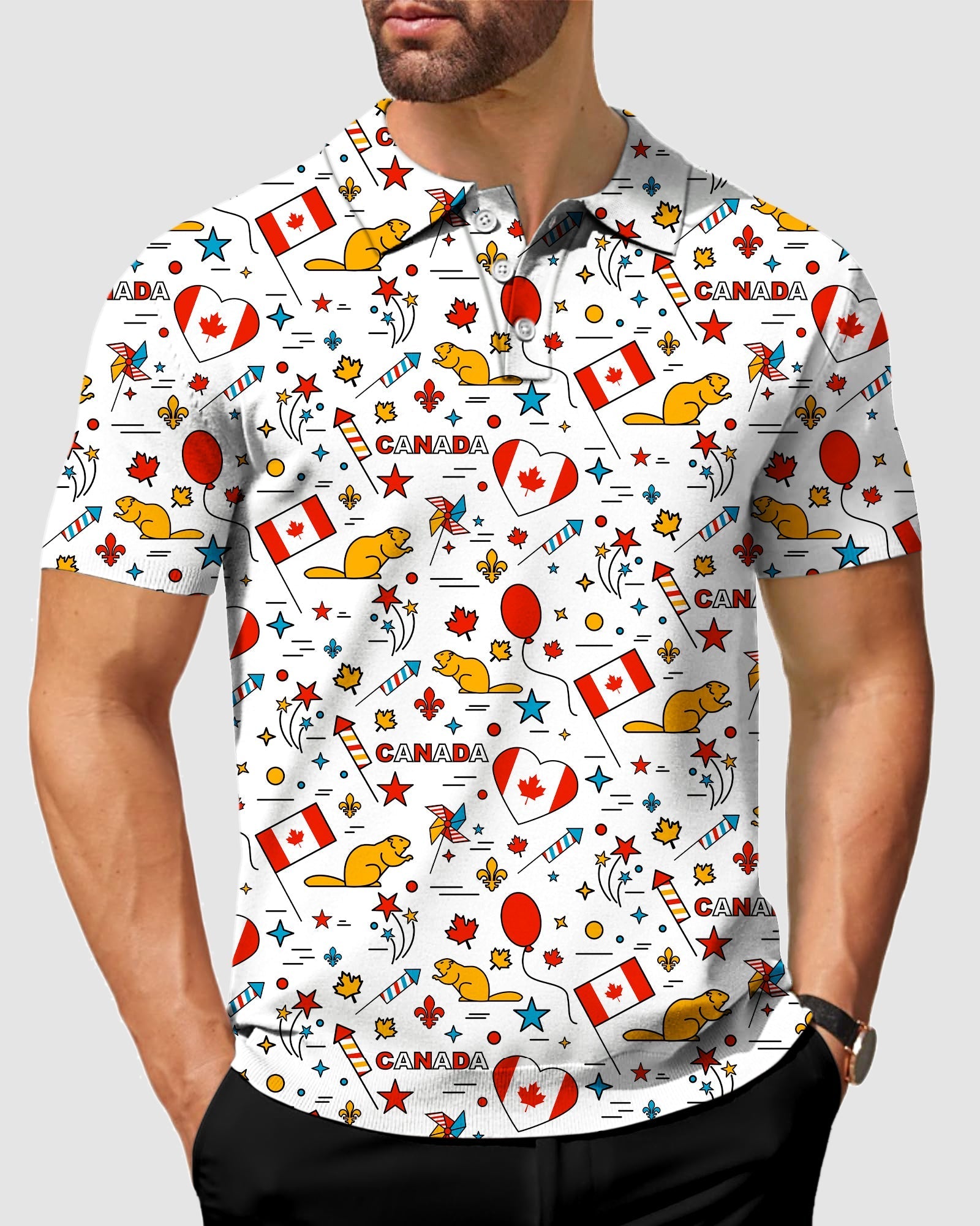 Men's Canadian Balloon Squirrel Polo with Canadian flag and squirrel pattern, stretch moisture-wicking fabric, wrinkle resistant, UPF 40+ protection, classic fit