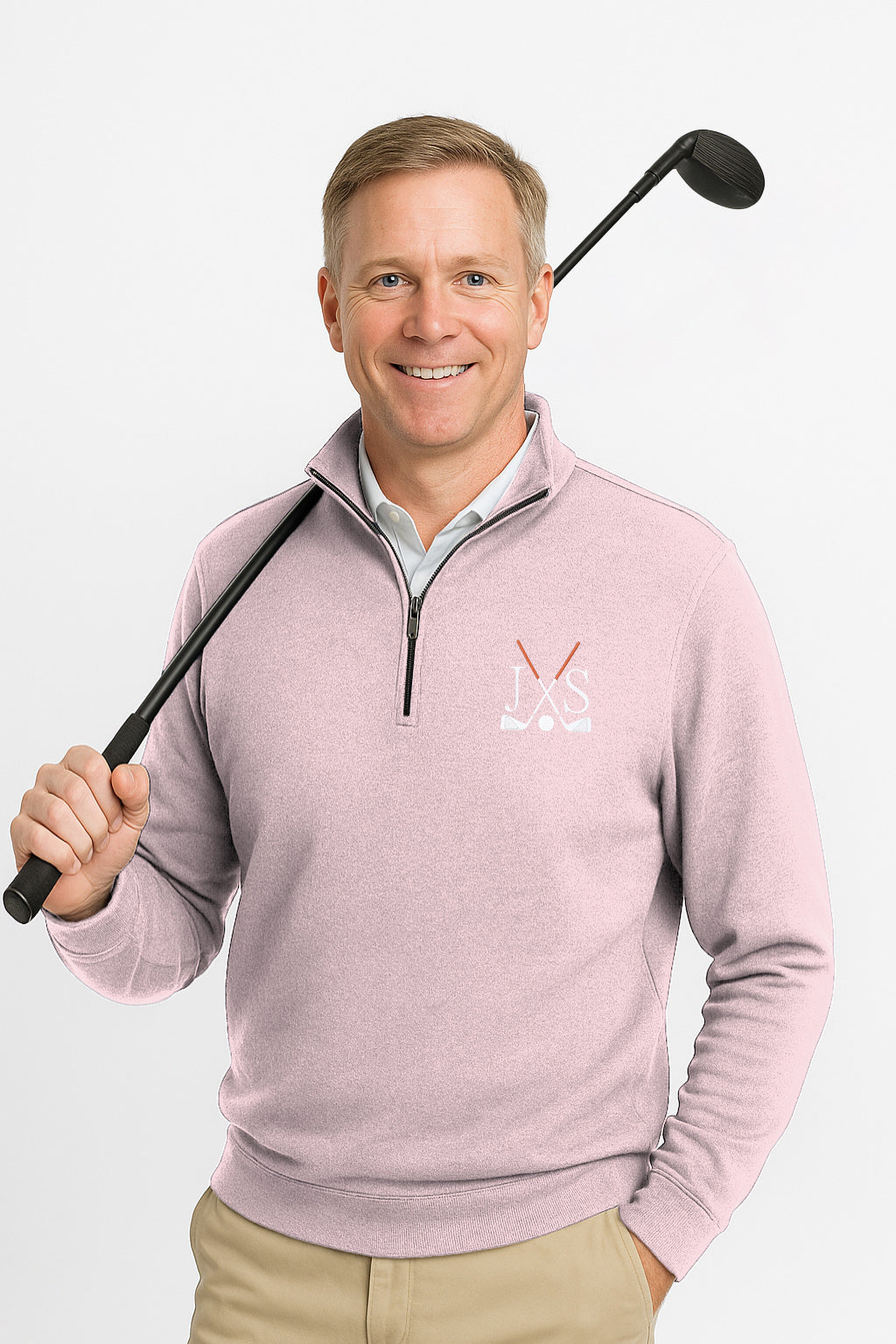 Plus size men's high neck pink hoodie with embroidery solid color and front pouch pocket