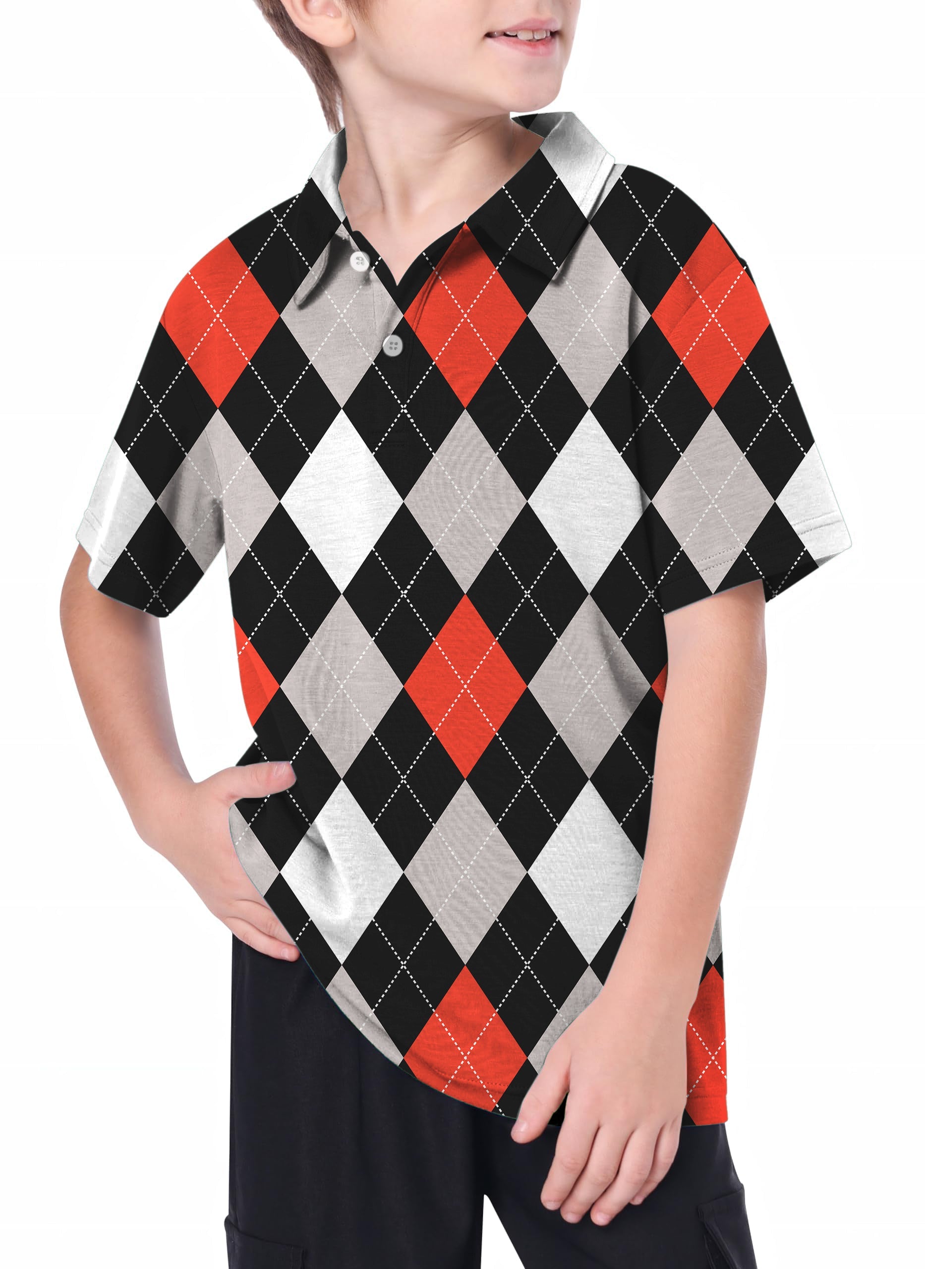 Youth women's outdoor red and black argyle golf polo with 4-way stretch and moisture-wicking fabric
