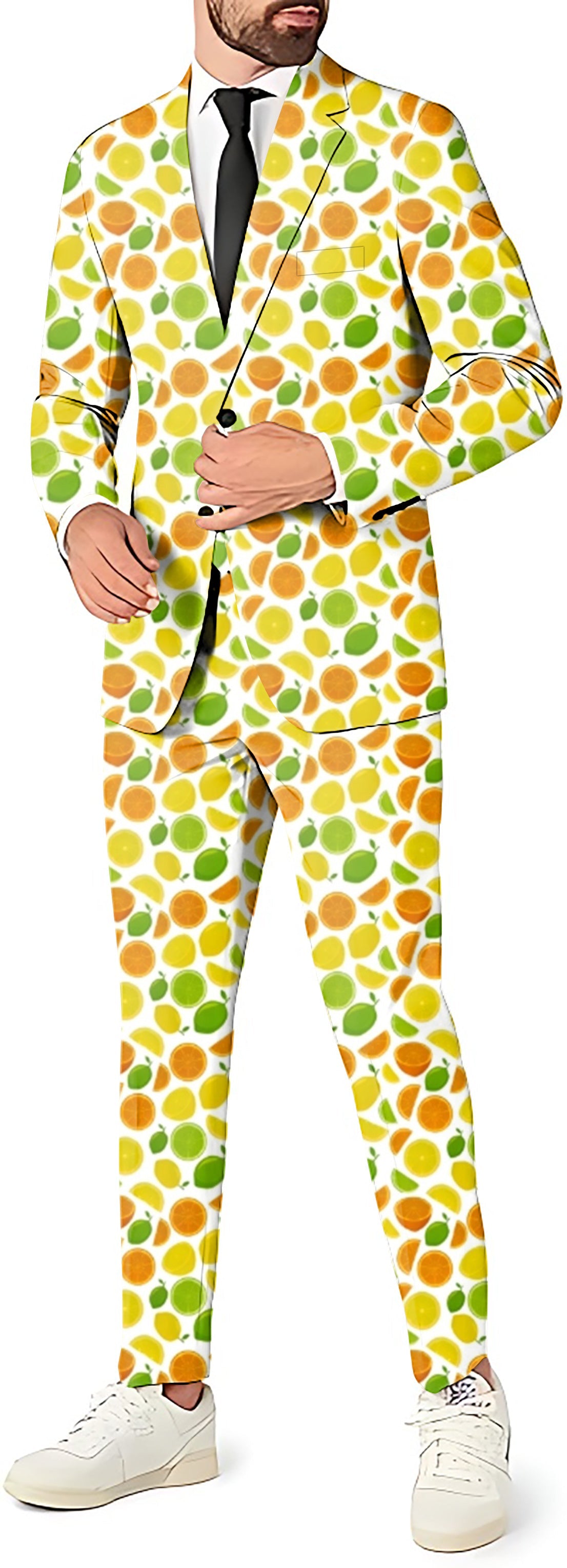 Summer Lemon men's 3-piece party suit with blazer, vest, and pants featuring a citrus fruit pattern