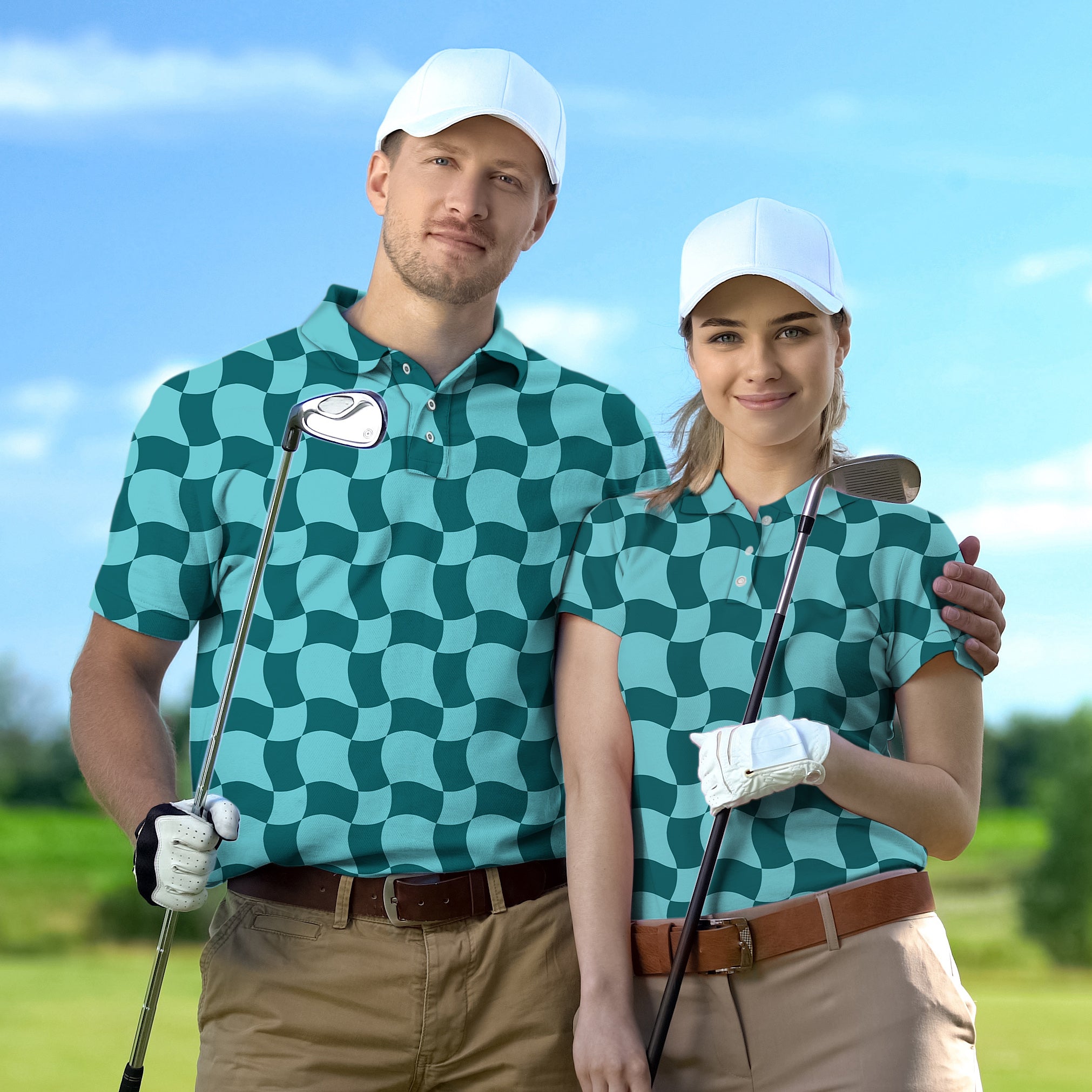 Couple wearing matching wavy square patterned golf shirts holding clubs on golf course