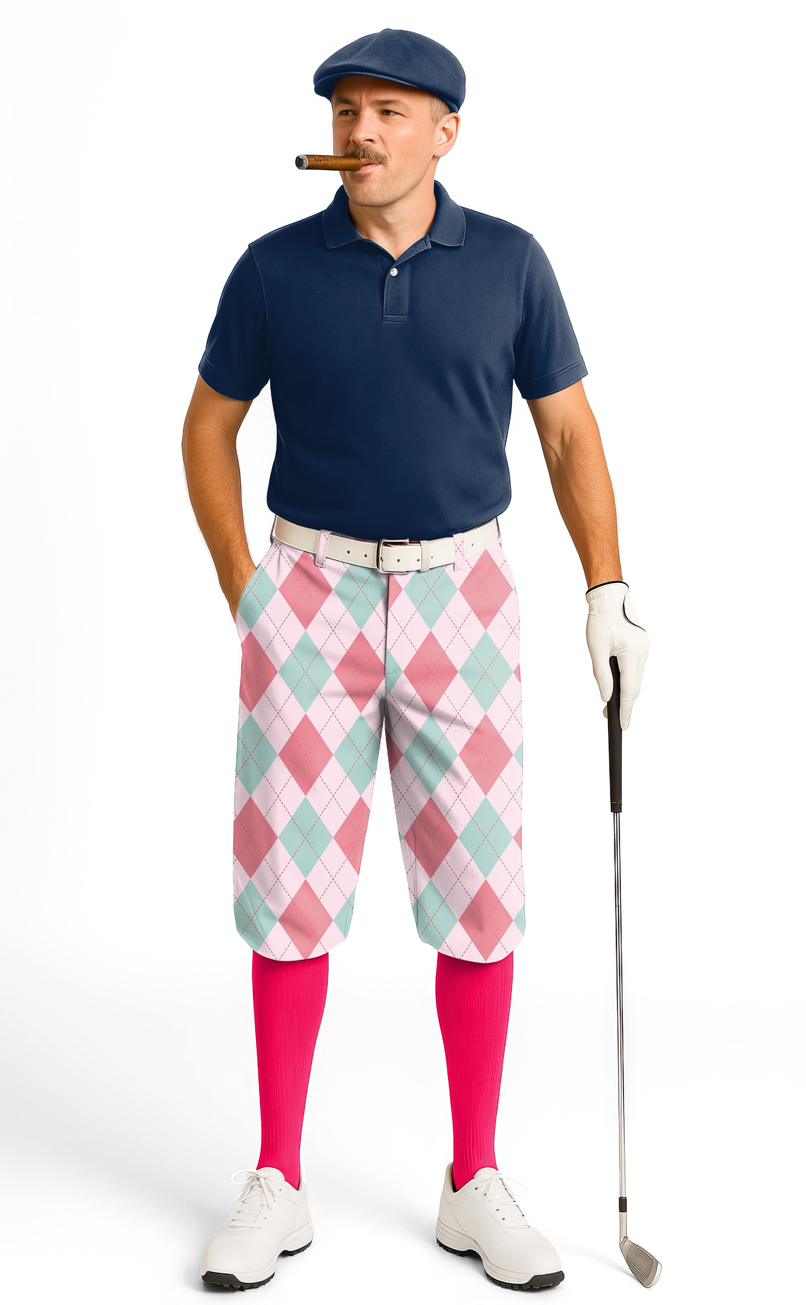 man wearing pink Argyle men's golf knickers with bright pink socks and navy polo shirt