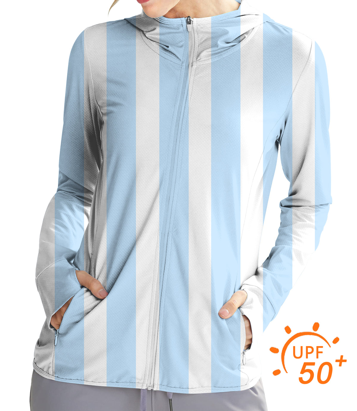 Women's Outdoor Blue and white vertical stripes Golf Sun Protection Slim Fit zip hoodies