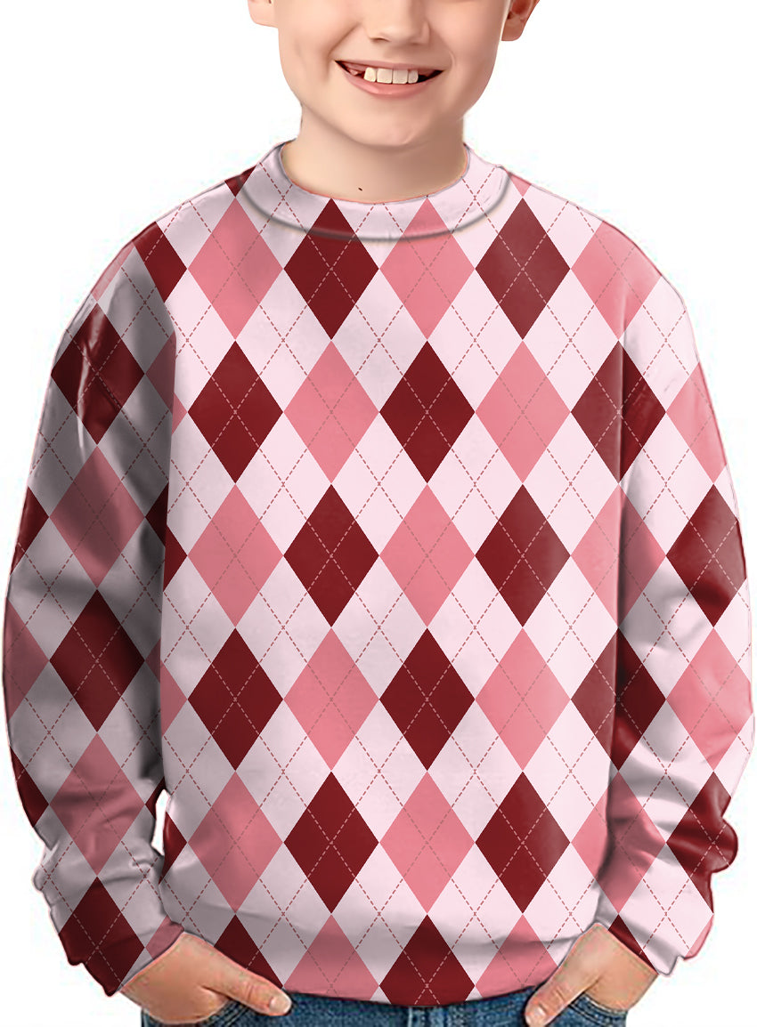 pink Argyle crewneck pullover sweater for kids with diamond pattern
