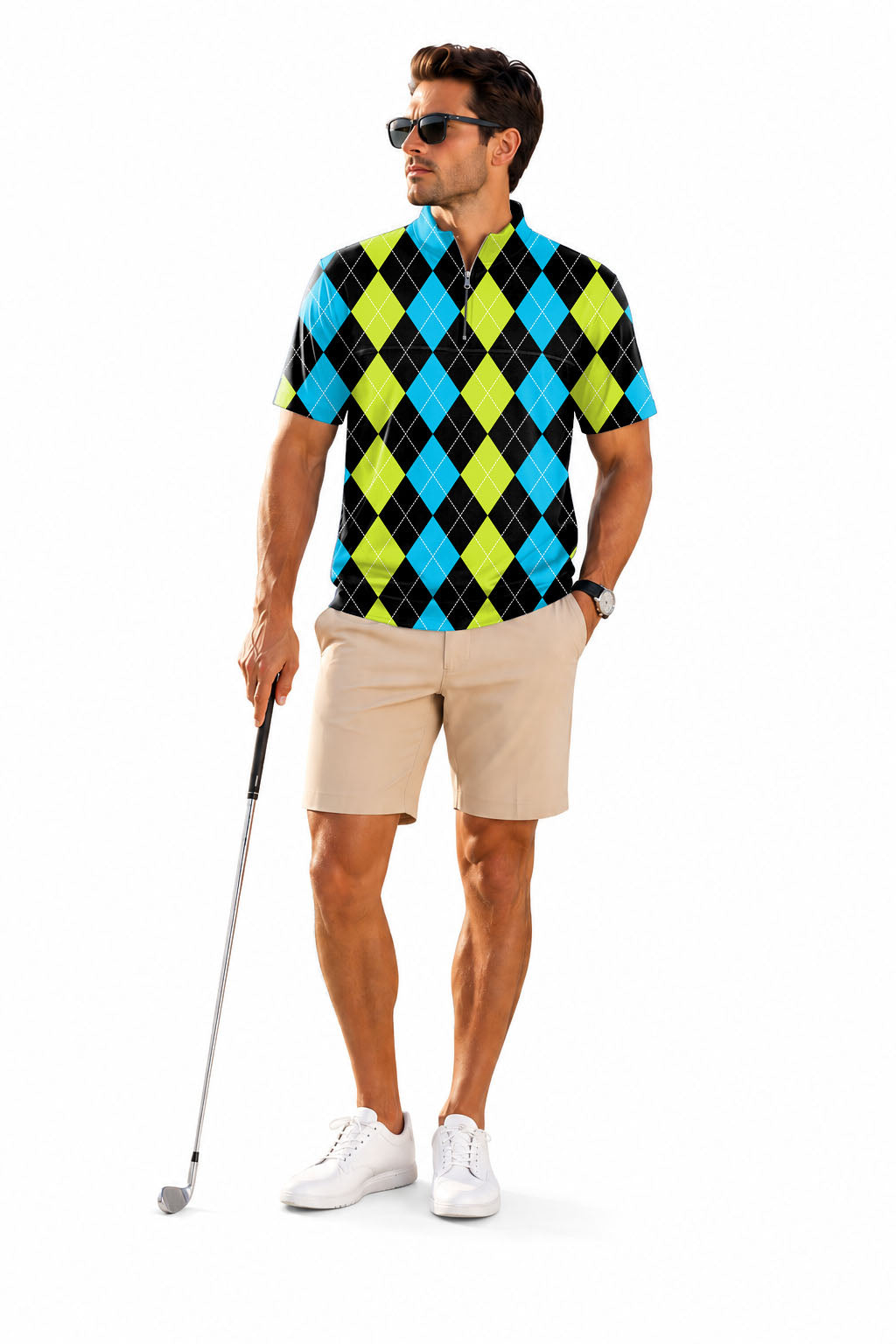 Men's Short Sleeve Quarter Zip Golf Pullover Halloween Black Green Blue Argyle Embroidery