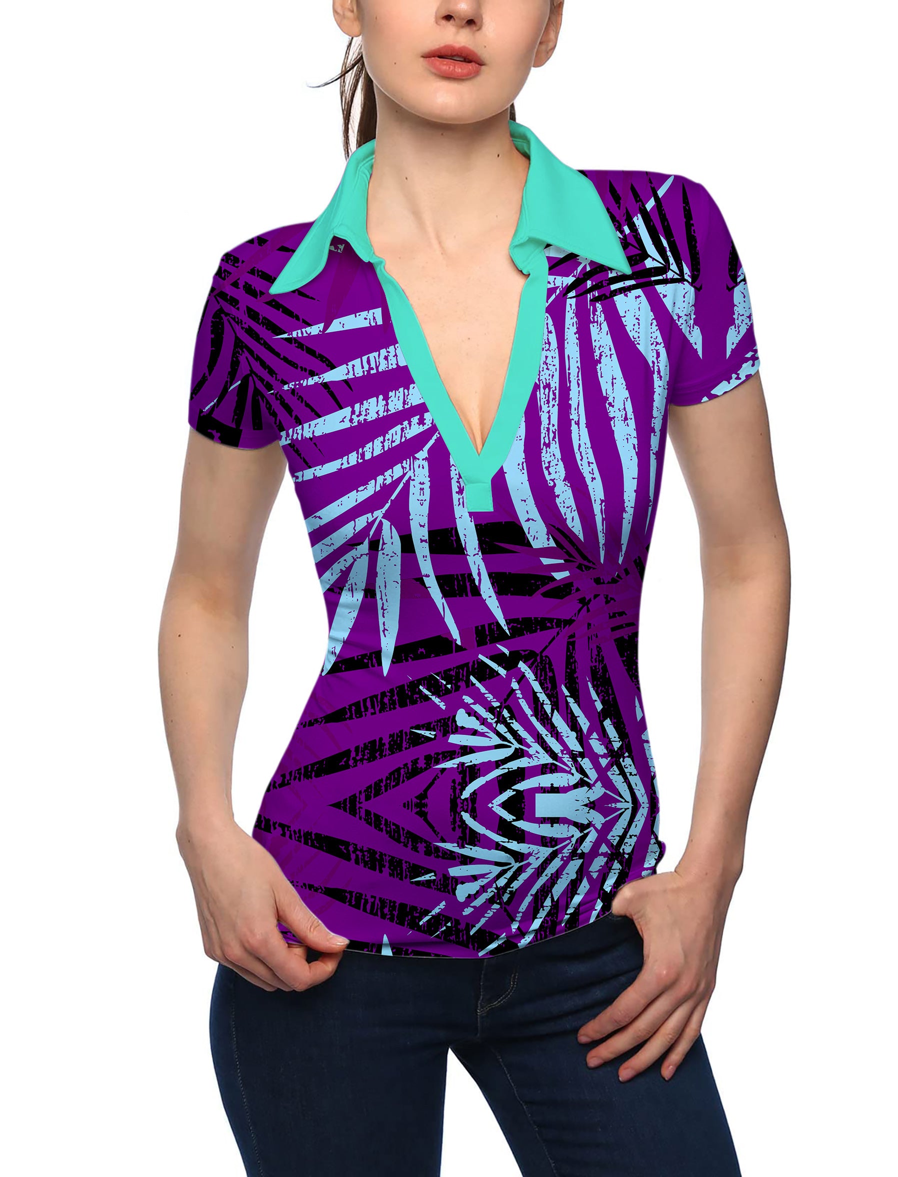 Women's purple leaf V Neck Golf Polo