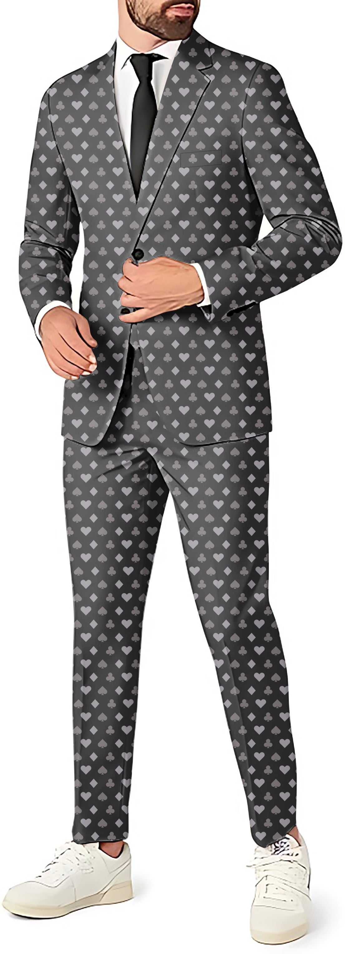 Poker pattern men's slim fit party suit set with blazer, pants, and vest in gray with card suit design
