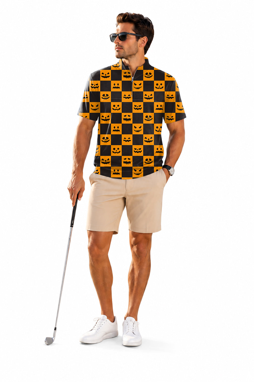 Men's Short Sleeve Quarter Zip Golf Pullover Halloween black and yellow checkerboard pumpkin