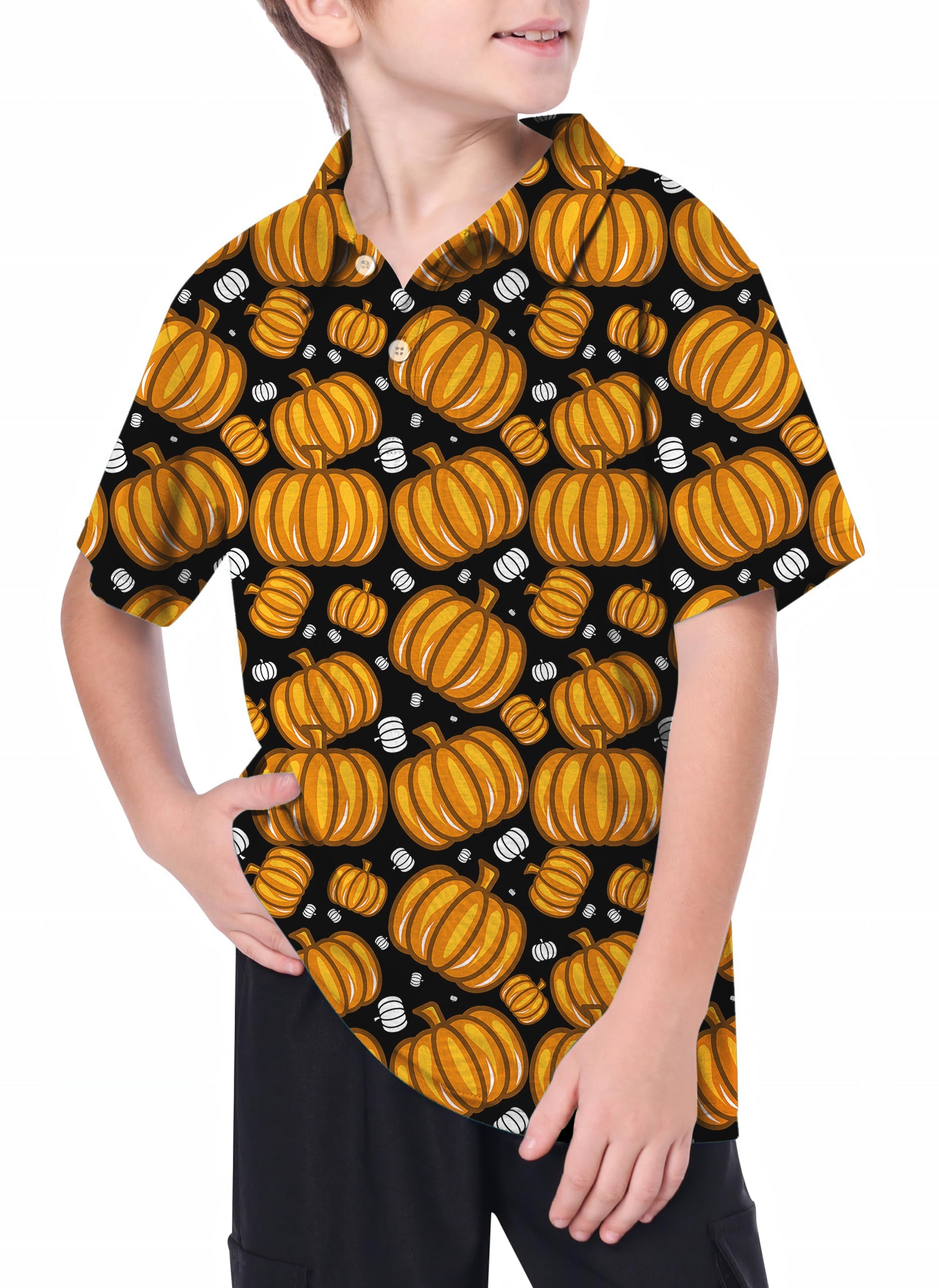 Youth Halloween Pumpkin themed golf polo shirt for kids with stretch fabric and moisture-wicking features