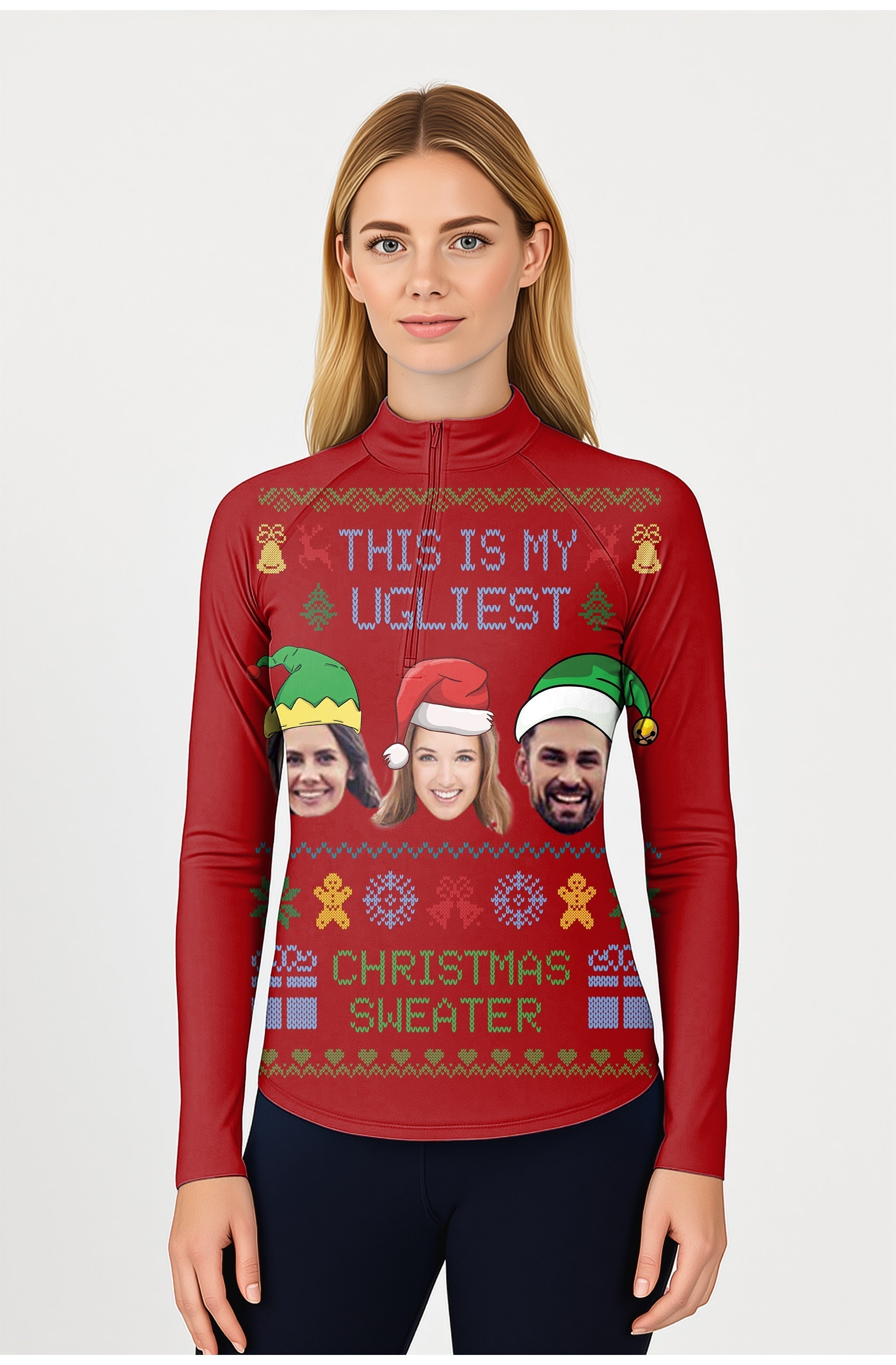Red-Christmas custom face women's golf active 3/4 zip top long sleeves with festive ugly sweater design
