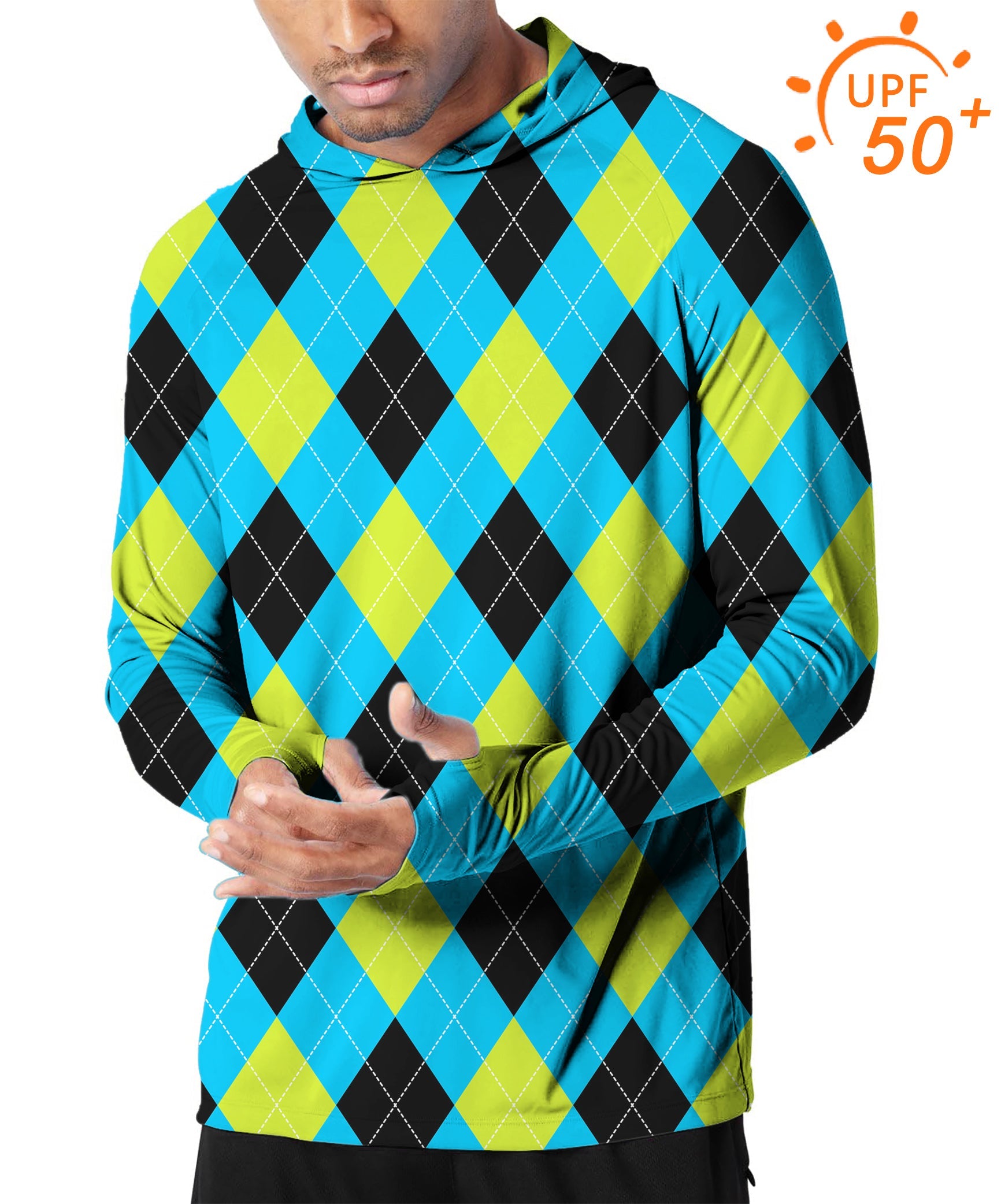 Men's outdoor Halloween slim fit argyle hoodie with UPF 50+ sun protection in black green blue white