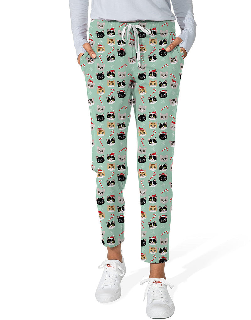 Women's Christmas cat print stretch ankle golf pants with pockets and adjustable drawstring