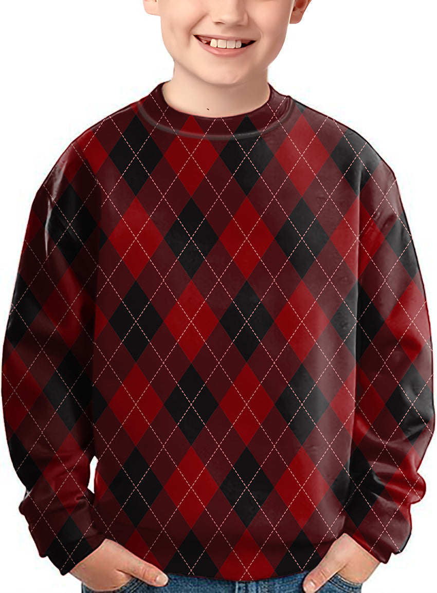 kid wearing red Argyle Crewneck pullover sweater with black and red diamond pattern