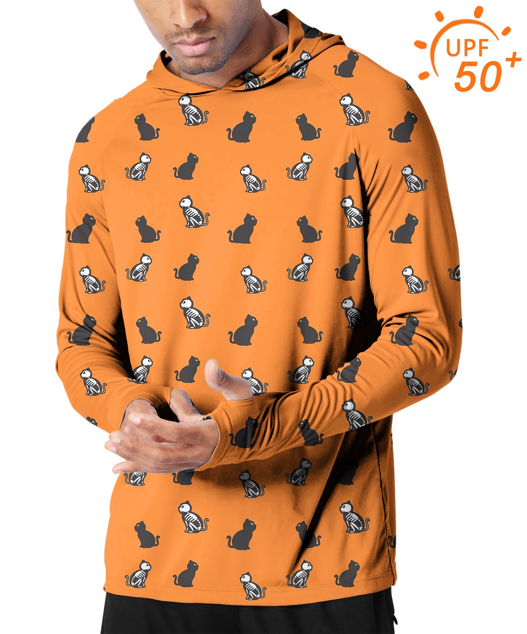 Men's outdoor Halloween skull cat slim fit hoodie with UPF 50+ sun protection and breathable fabric