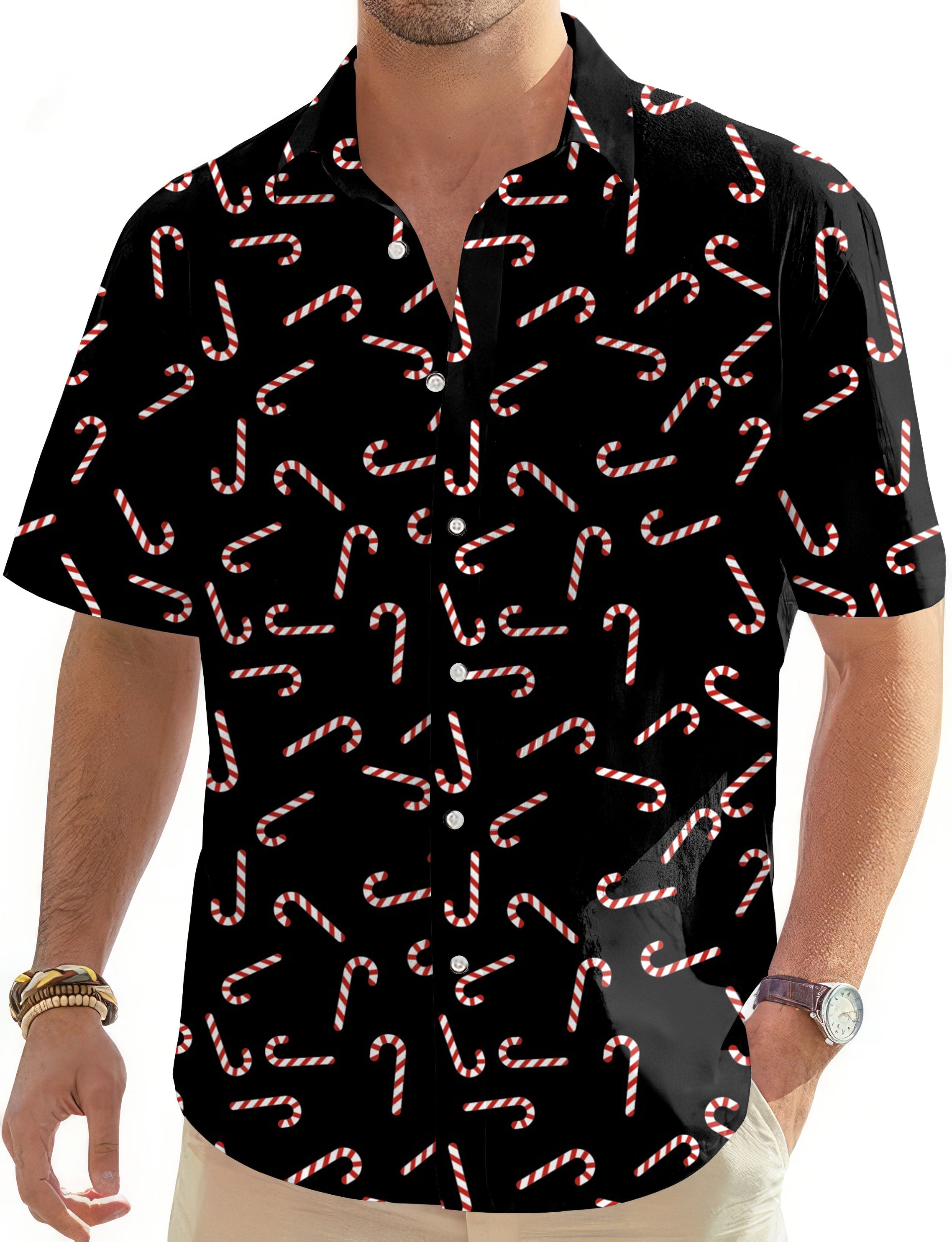 Men's black button-down shirt with candy cane print and short sleeves