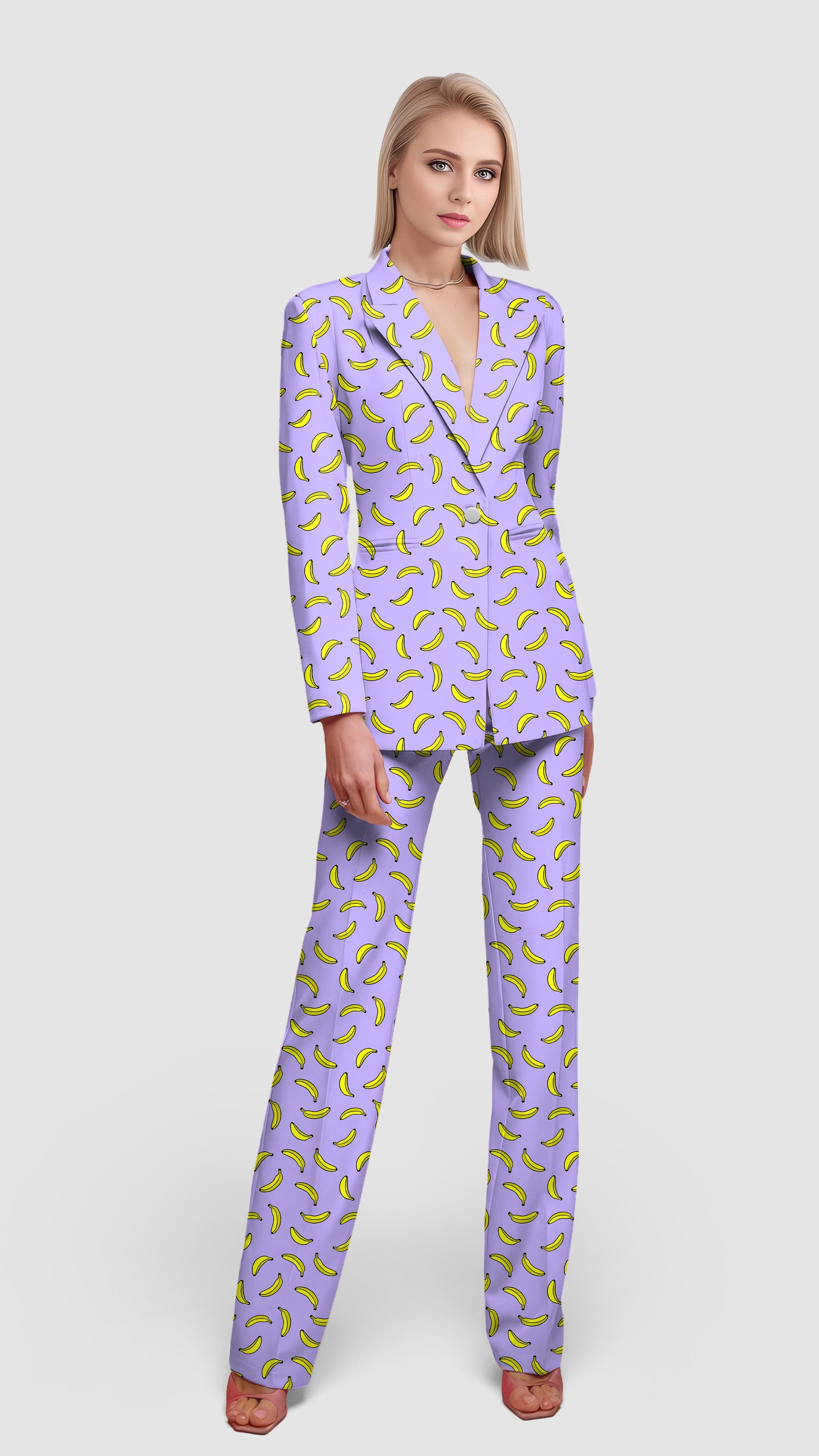 Taro Purple Banana Women's Blazer suit set with lapel collar and banana print perfect for casual and office wear