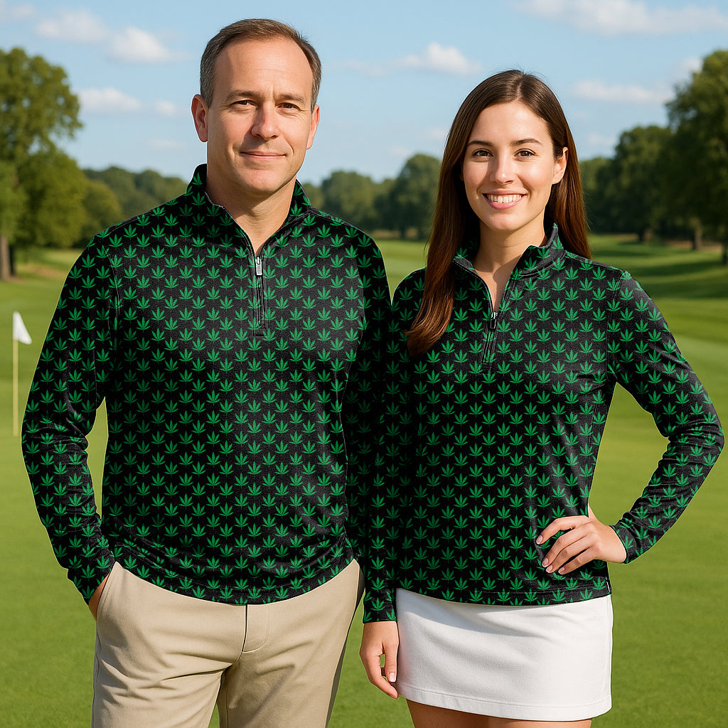 Lleaf Couple Golf active 3/4 zip tops with green leaf pattern, lightweight, moisture-wicking, and UPF50+ sun protection.