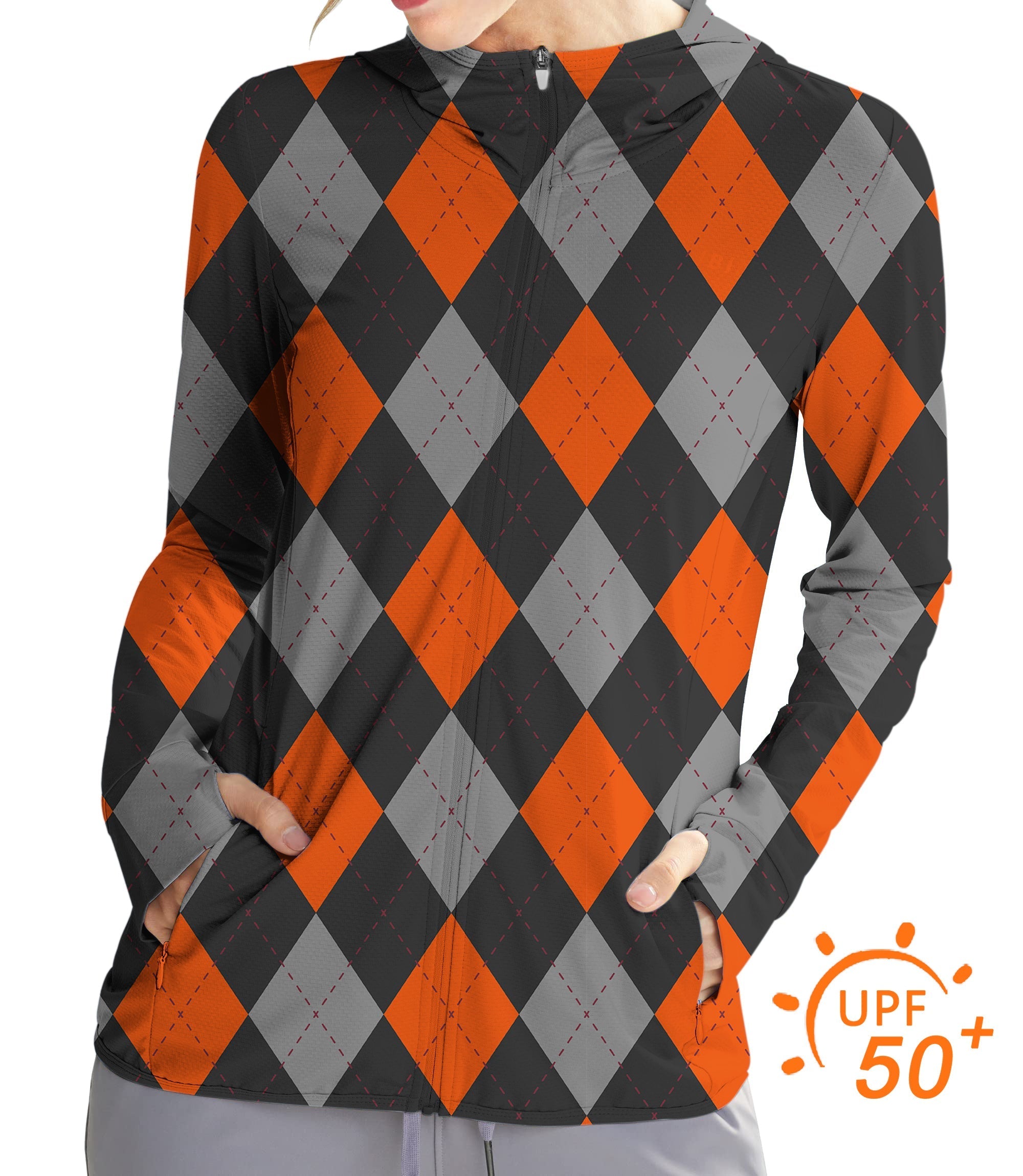 Women's slim fit zip hoodie with black, red, and gray argyle pattern for outdoor Halloween golf and sun protection with UPF 50+ fabric.