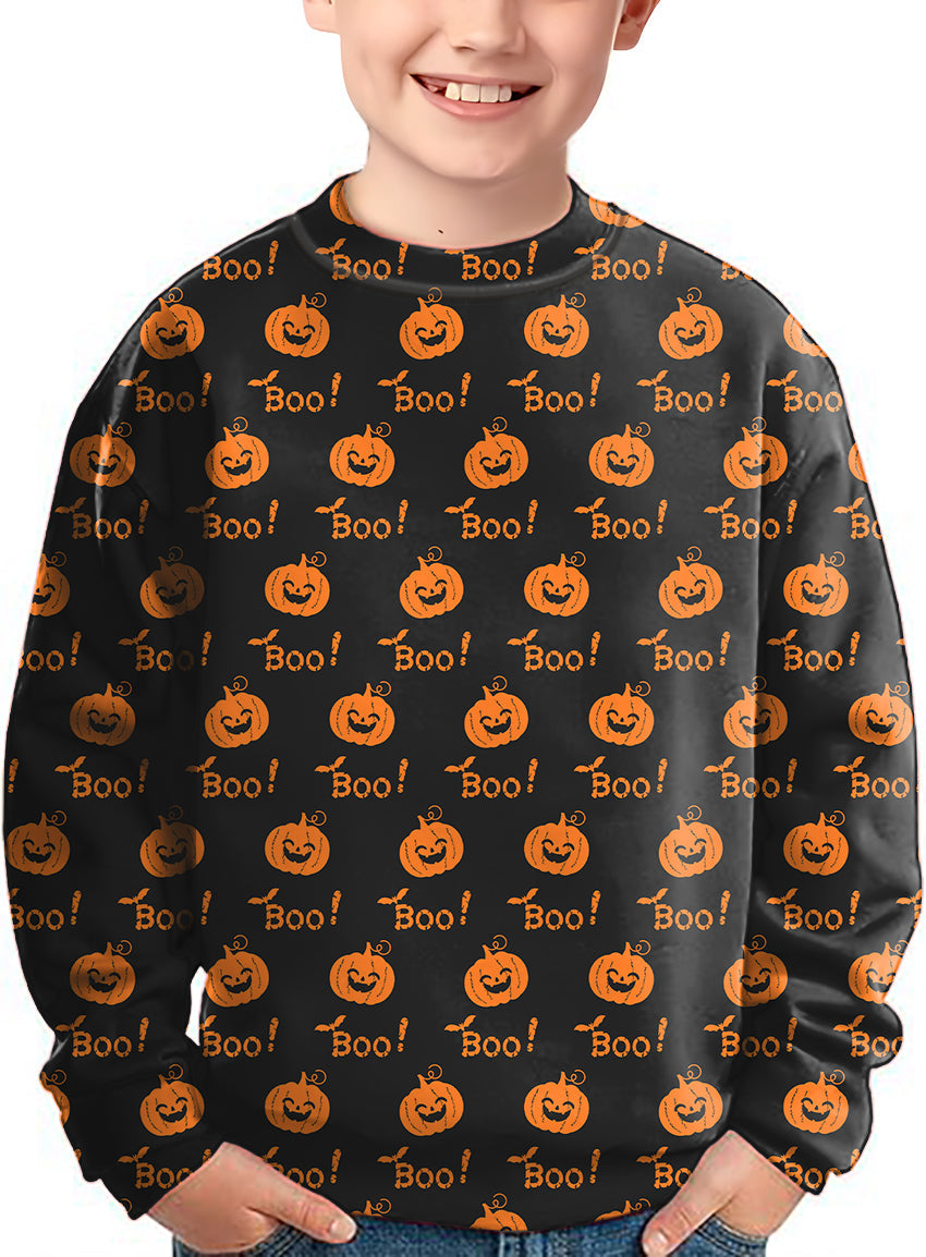 Kids Halloween Boo Pumpkin crewneck pullover with orange pumpkin and "Boo!" print on black background