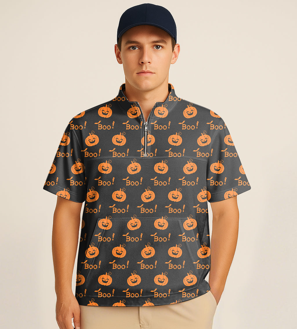Half zipper turtleneck golf shirt with Halloween pumpkin and Boo embroidery pattern