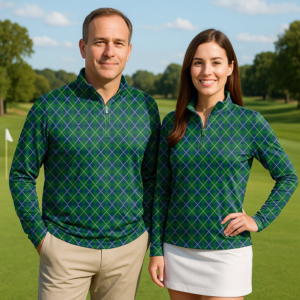 Green grid Couple Golf Active 3/4 Zip Top Long Sleeves