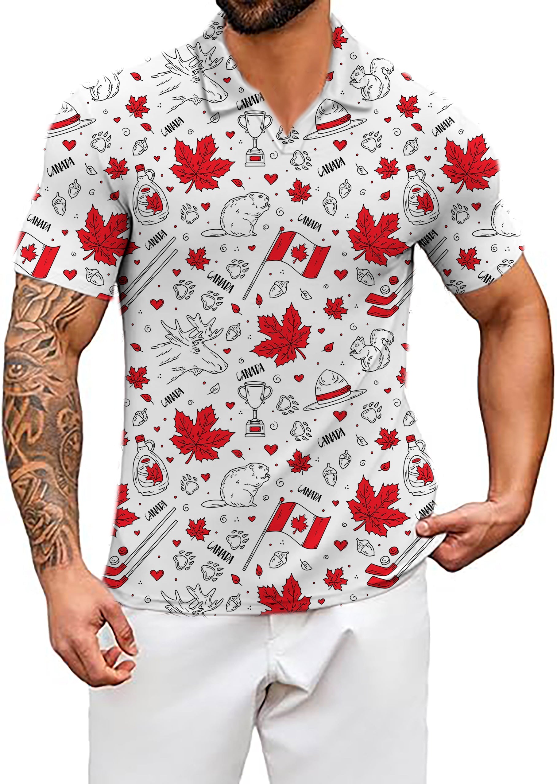 Men's Coconut Palm golf polo shirt with Canadian maple leaves and squirrel print, V-neck, moisture-wicking, wrinkle-resistant, UPF 40+ protection, classic fit