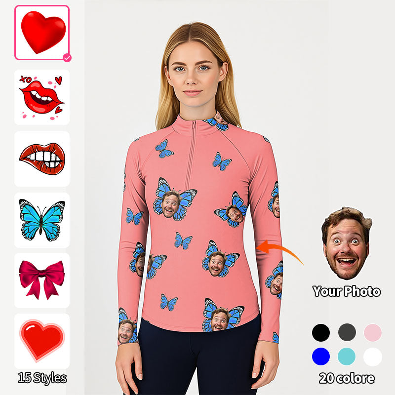 Valentine's Day custom photo hot pink women's golf 3/4 zip top with butterfly design