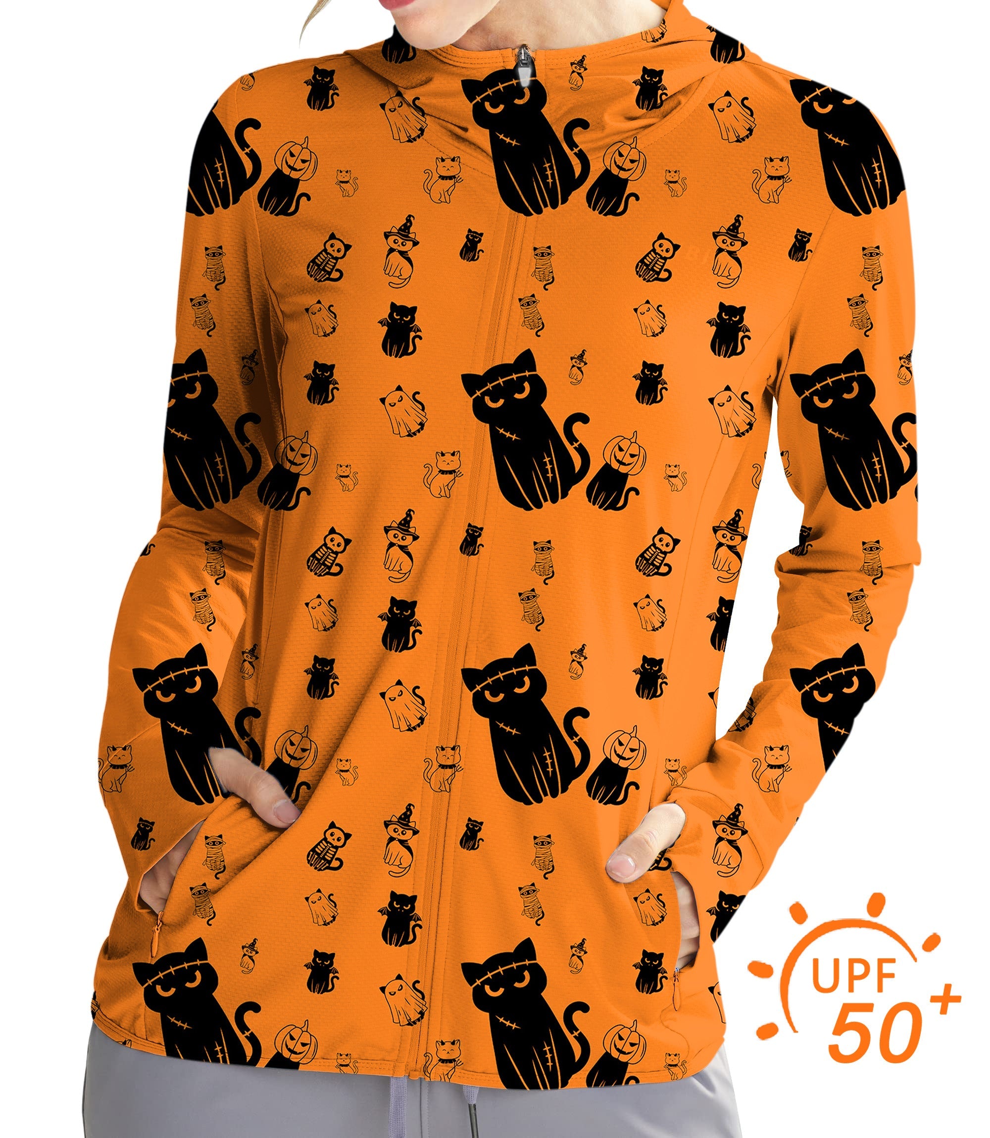 Women's outdoor Halloween sun protection slim fit zip hoodie with cute black cat pattern