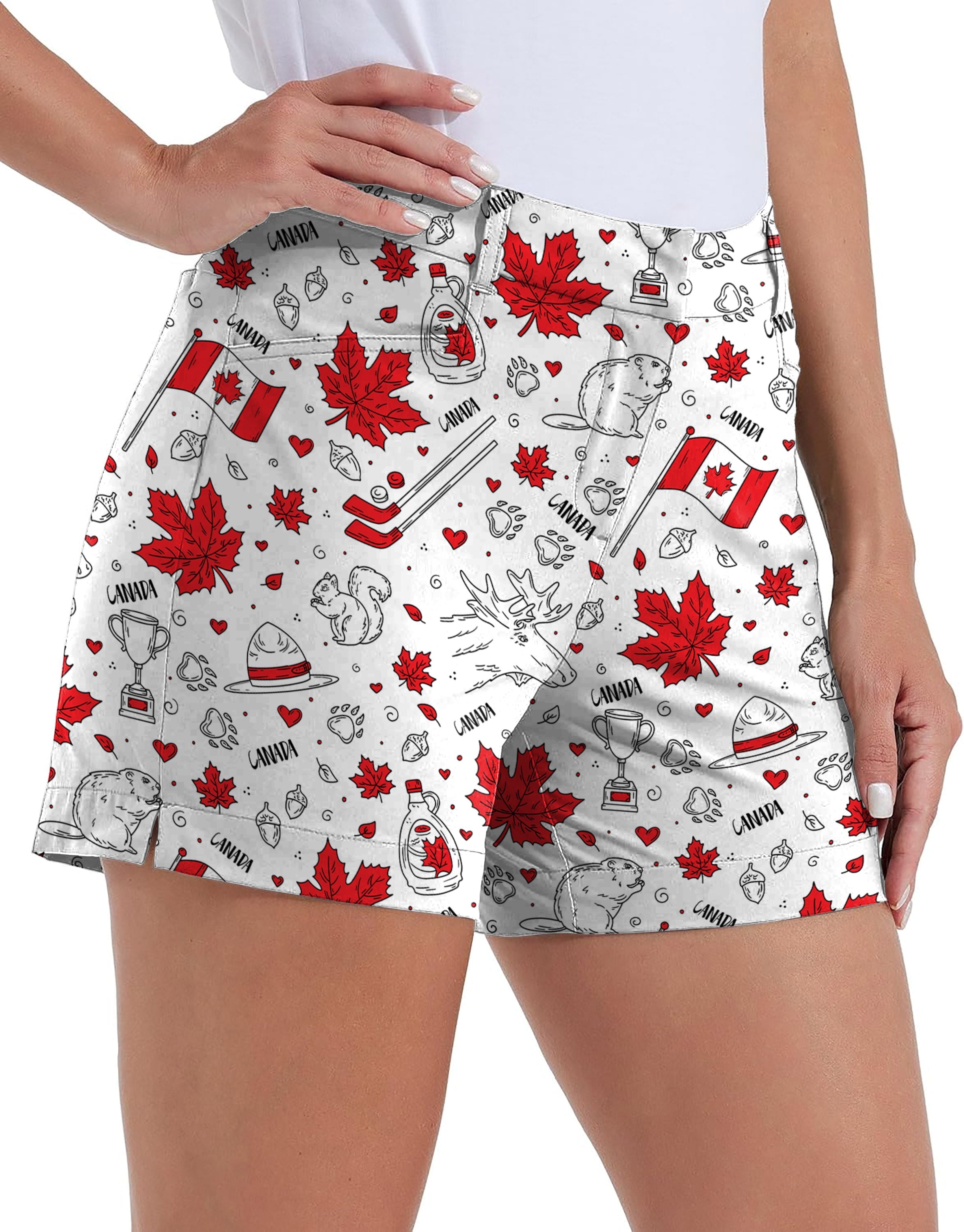 Women's Canadian Balloon Squirrel shorts with maple leaves, Canadian flags, quick-drying and waterproof golf shorts with pockets