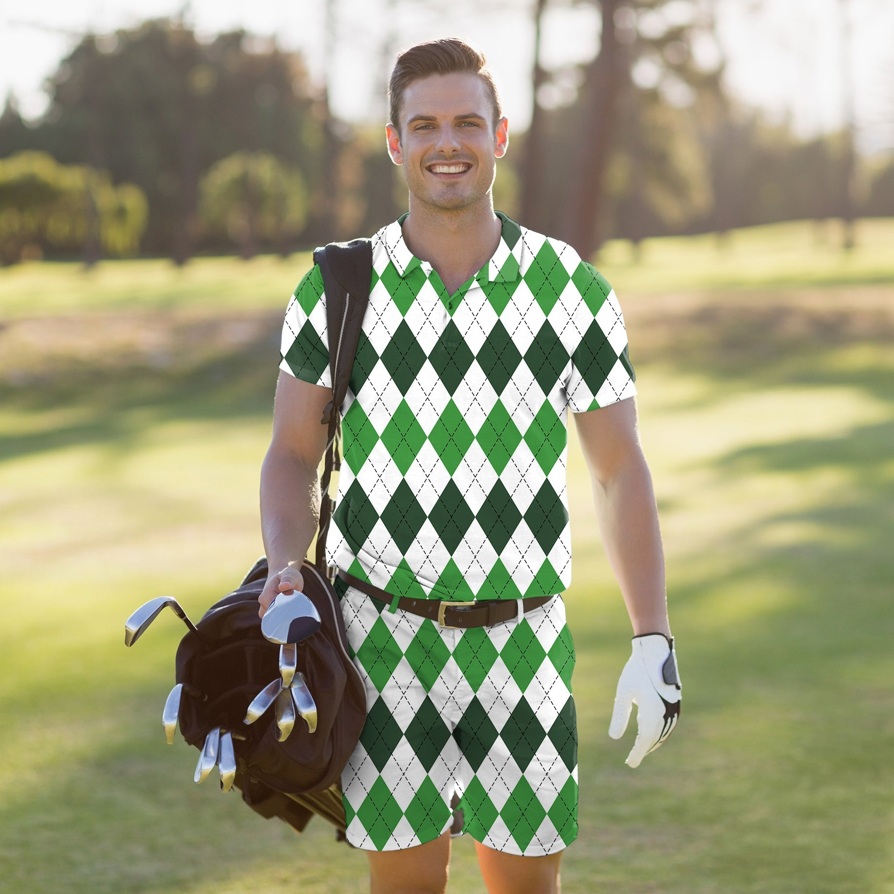 Men's Golf Set Argyle plaid polo and shorts in green and white with four-way stretch and moisture-wicking fabric