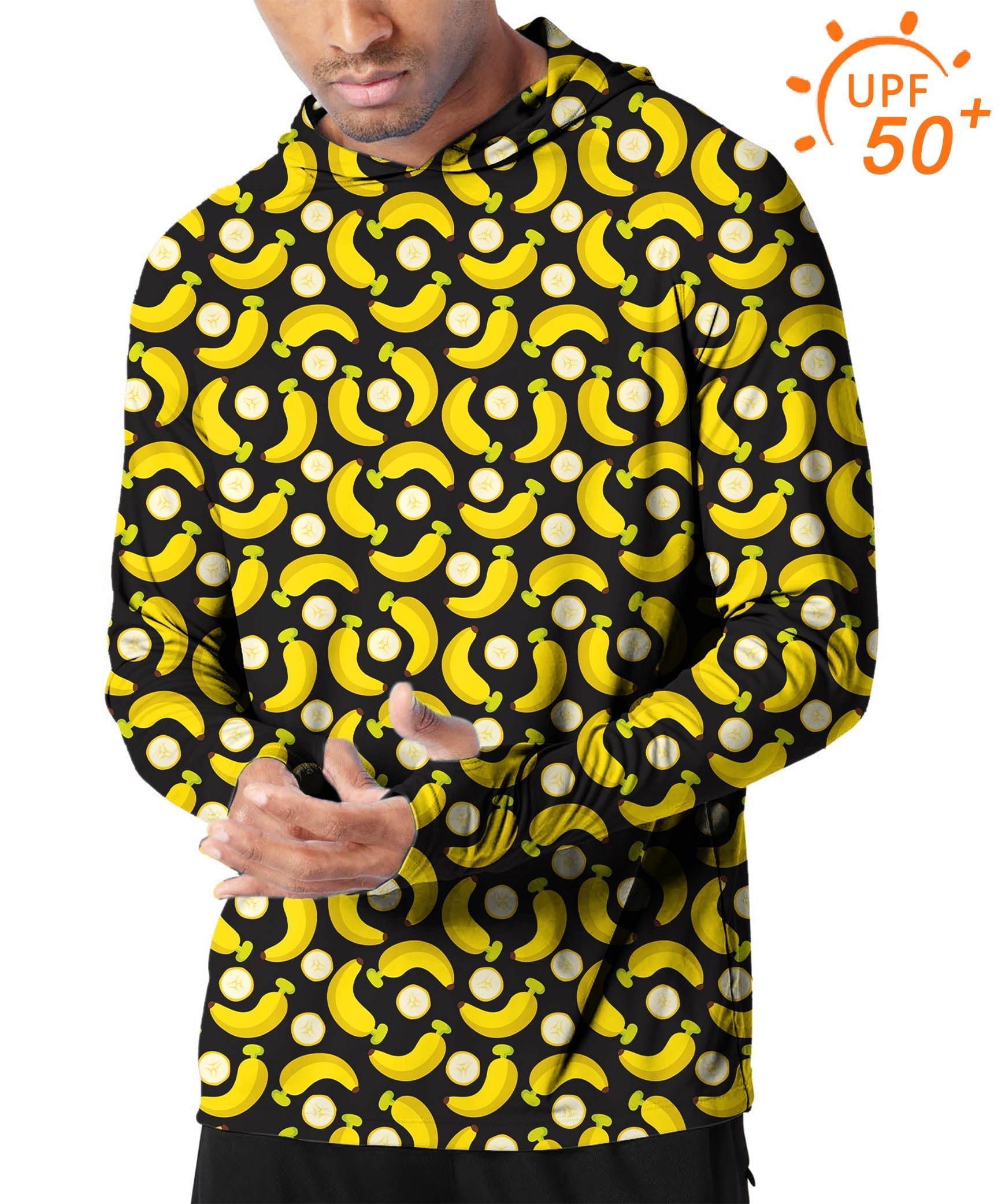 Men's slim fit Halloween banana print outdoor hoodie with UPF 50+ sun protection